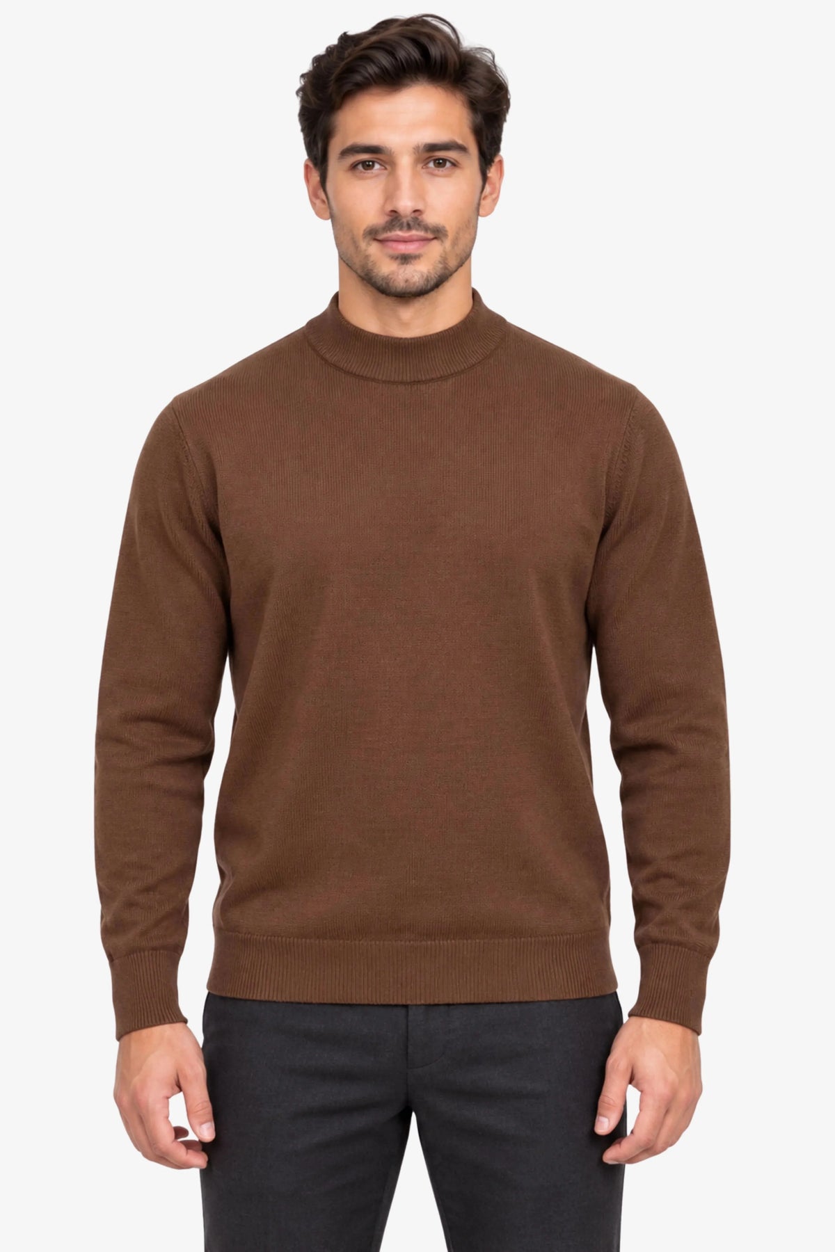 Brown Slim-Fit High-Neck Pullover-Global Republic