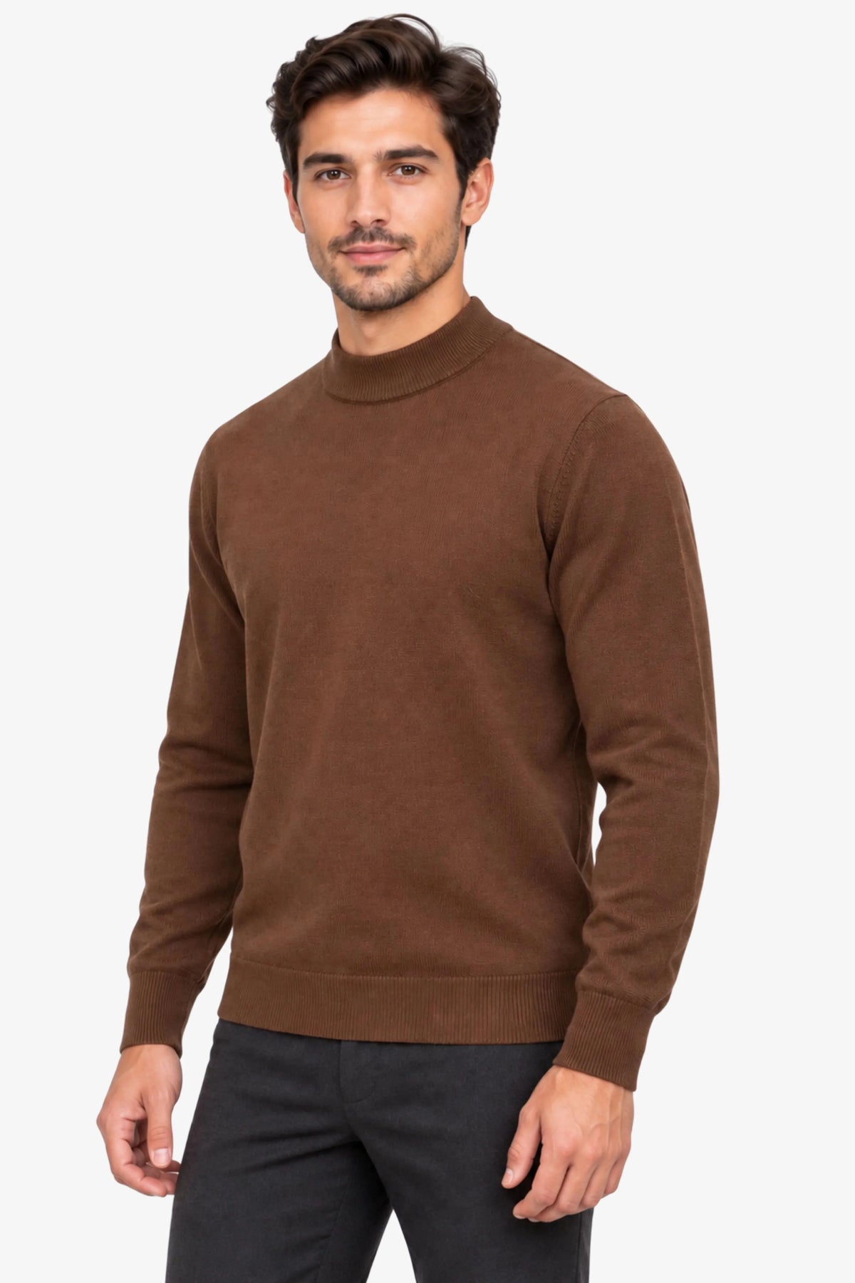 Brown Slim-Fit High-Neck Pullover-Global Republic