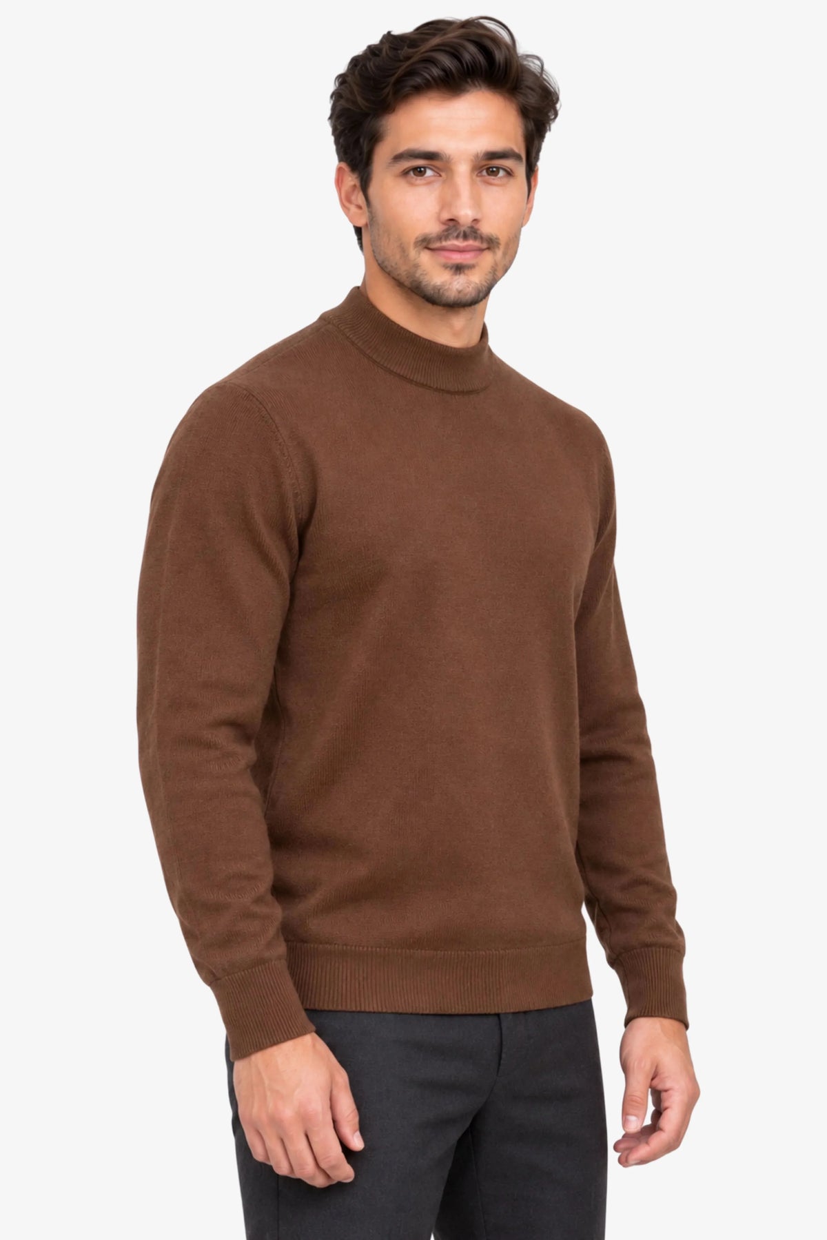 Brown Slim-Fit High-Neck Pullover-Global Republic