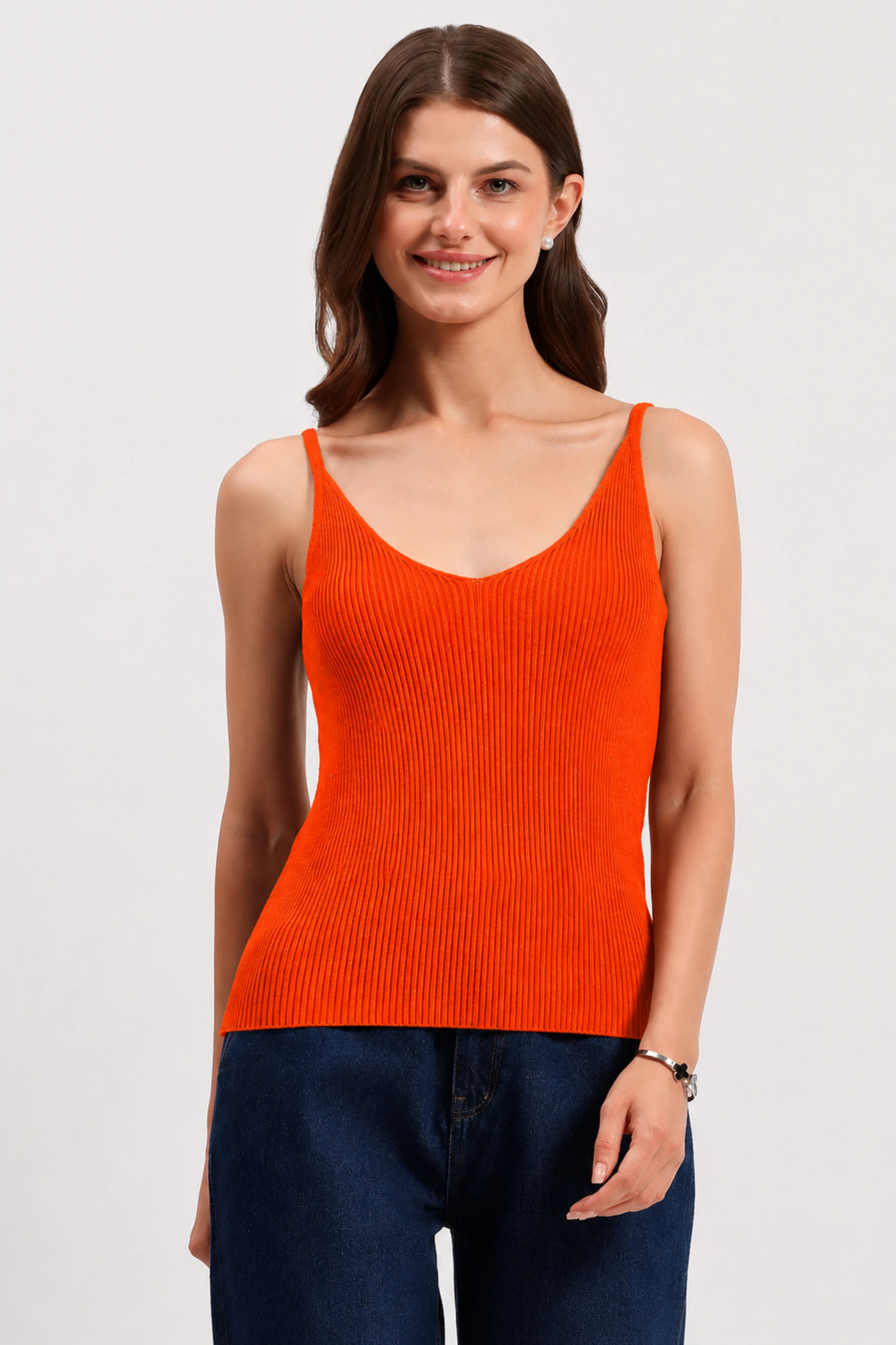 Orange Ribbed Two-Way Neck Camisole-Global Republic