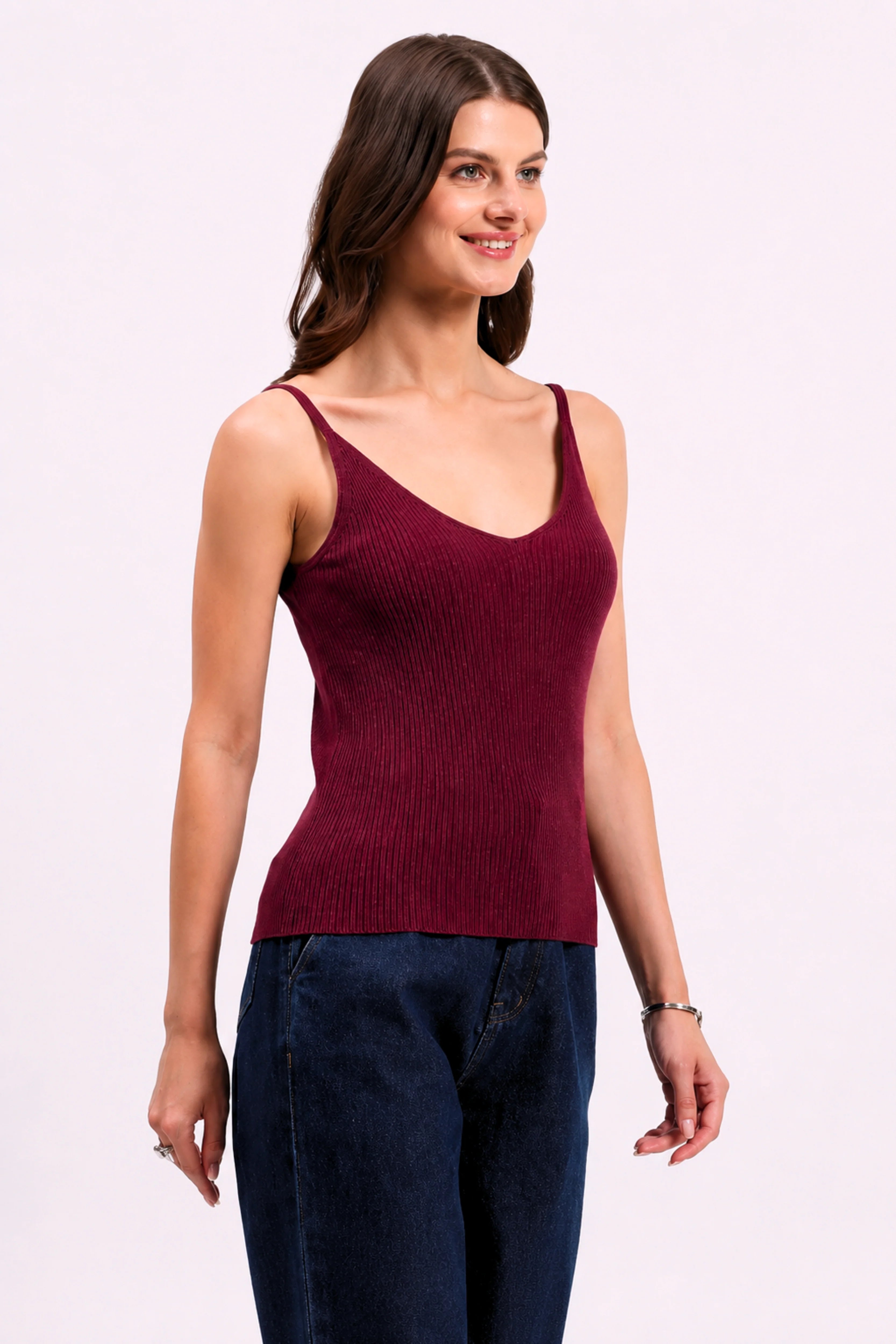 Wine Ribbed Two-Way Neck Camisole-Global Republic