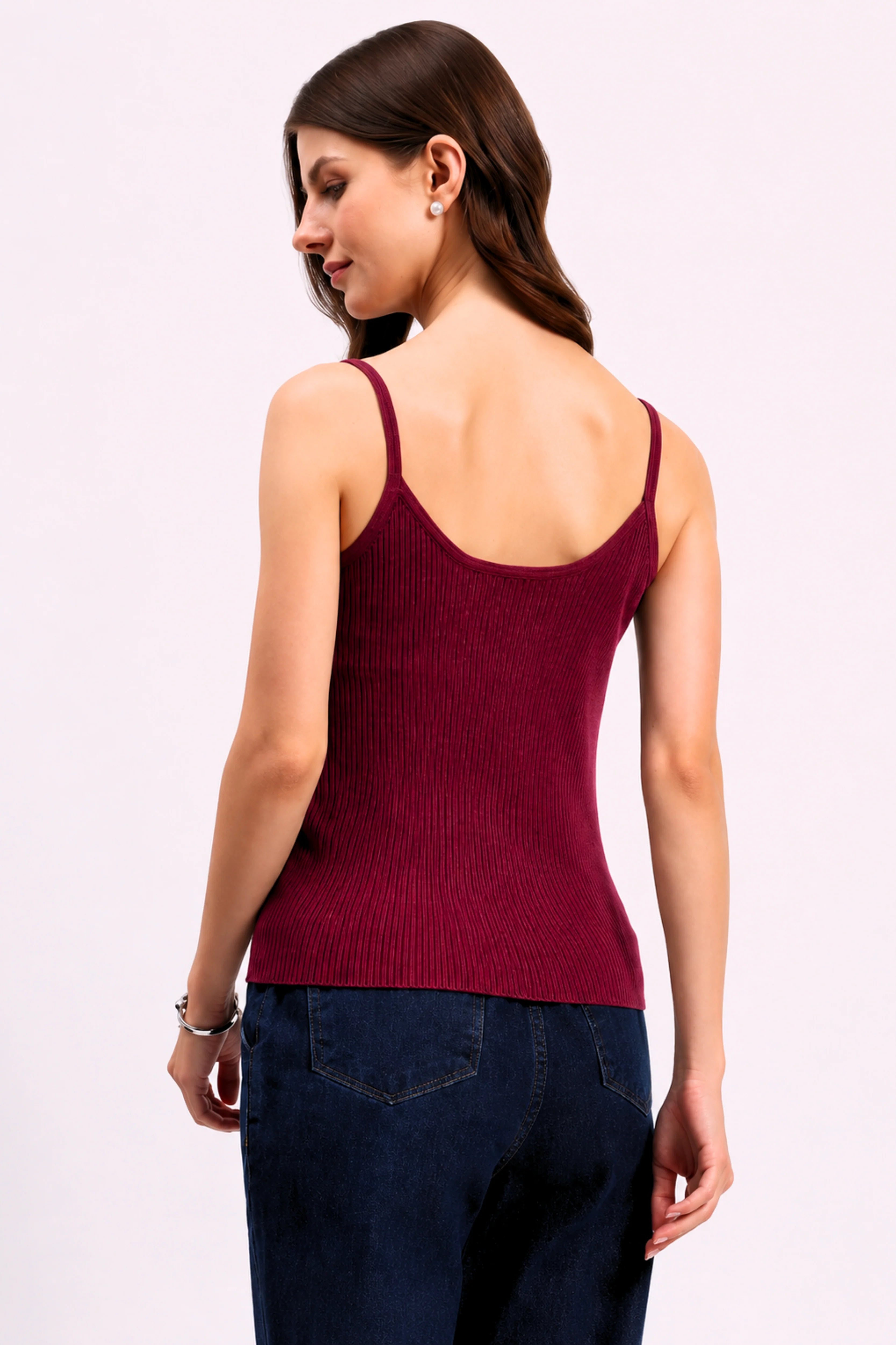 Wine Ribbed Two-Way Neck Camisole-Global Republic