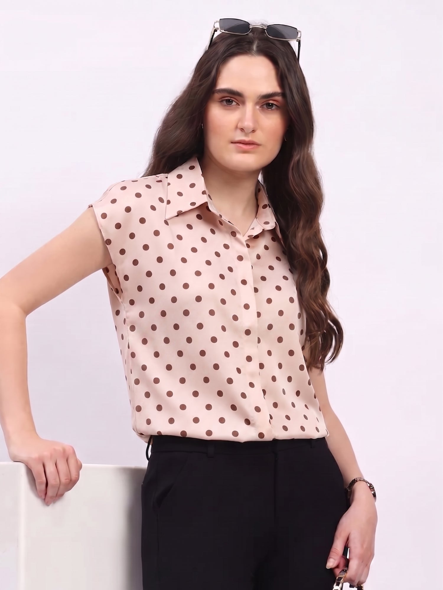 Cream Satin Blend Polka Dot Shirt-Global Republic