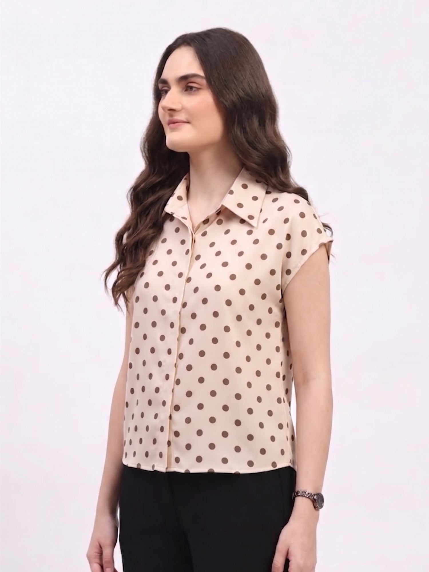 Cream Satin Blend Polka Dot Shirt-Global Republic