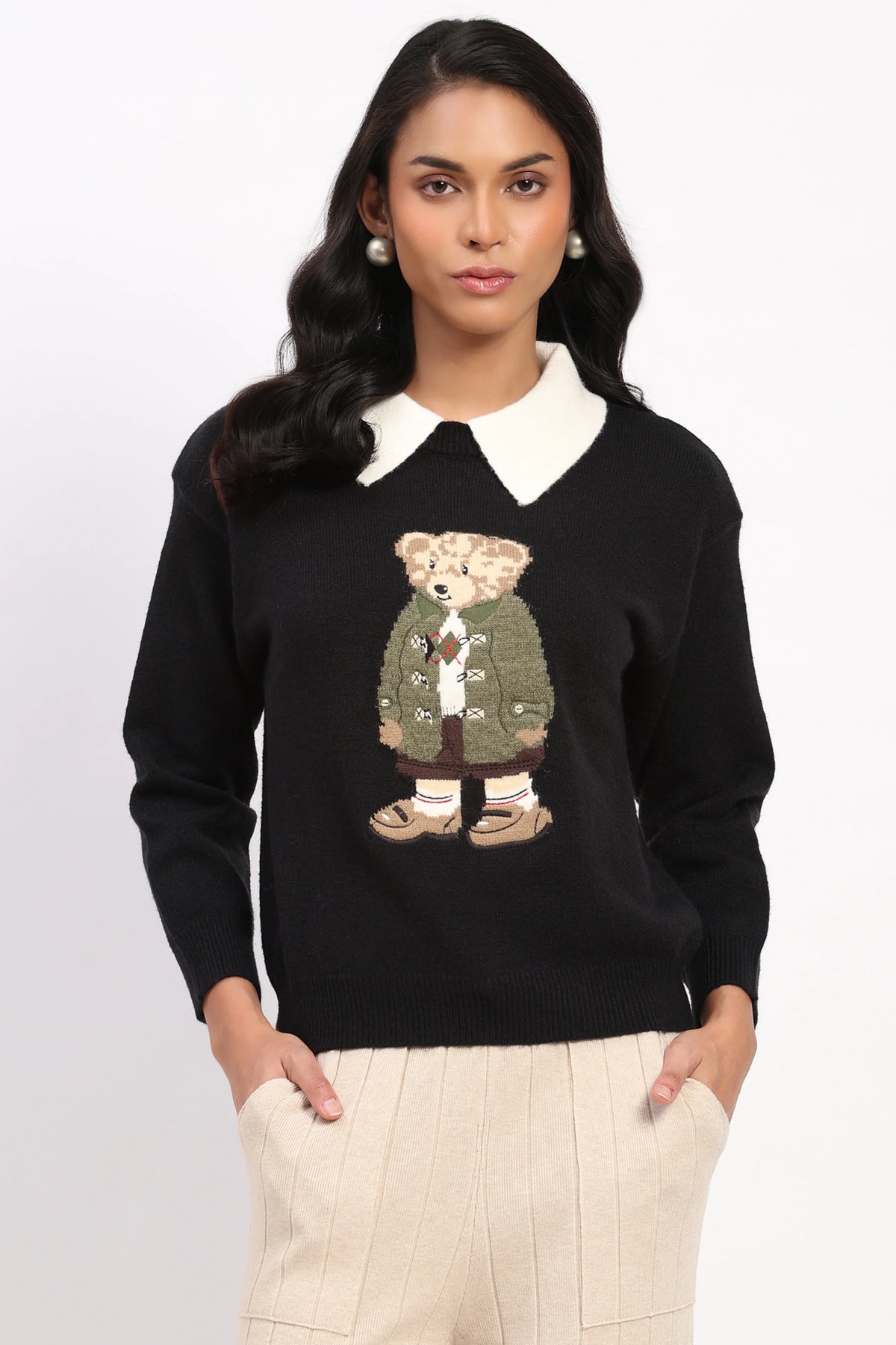 Black Smart Polo Bear Pullover-Global Republic
