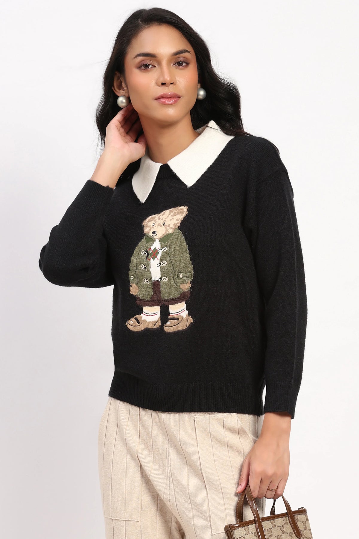 Black Smart Polo Bear Pullover-Global Republic