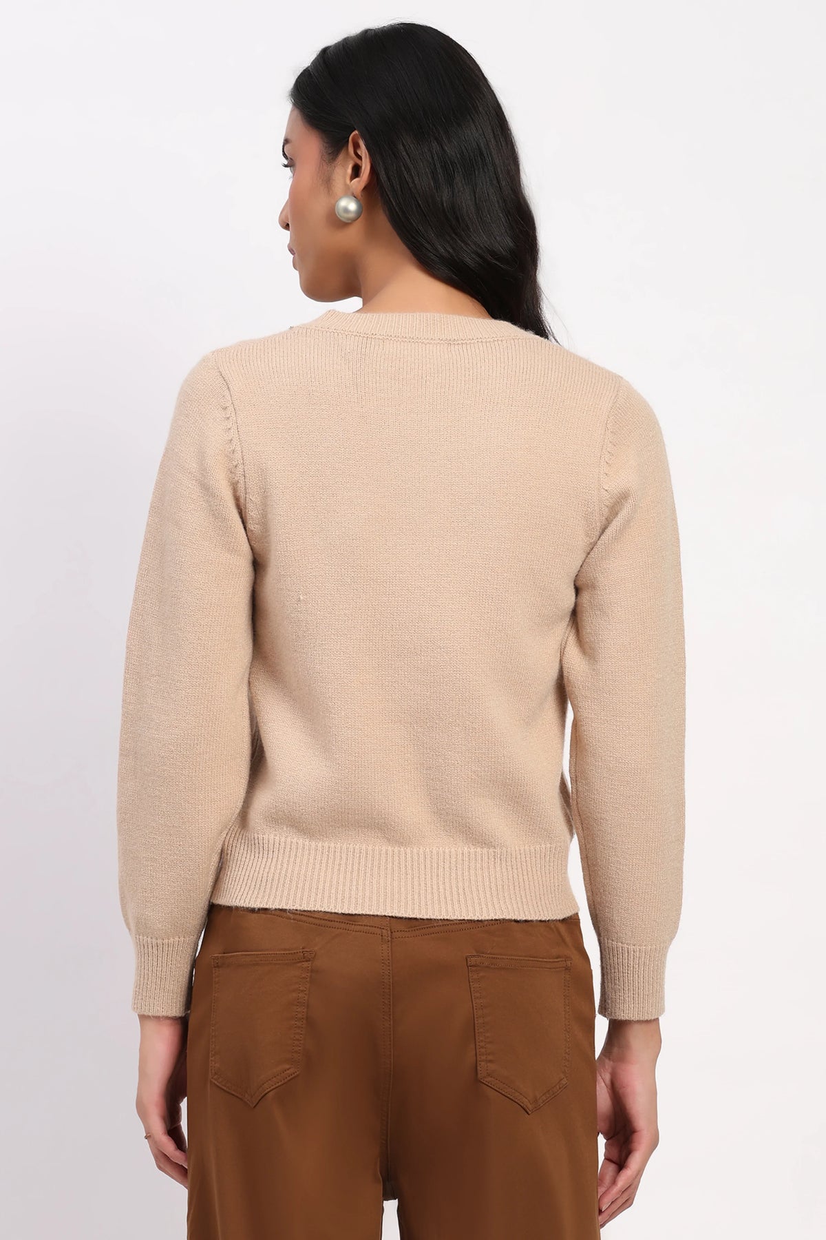Beige Embellished Winter Cardigan-Global Republic