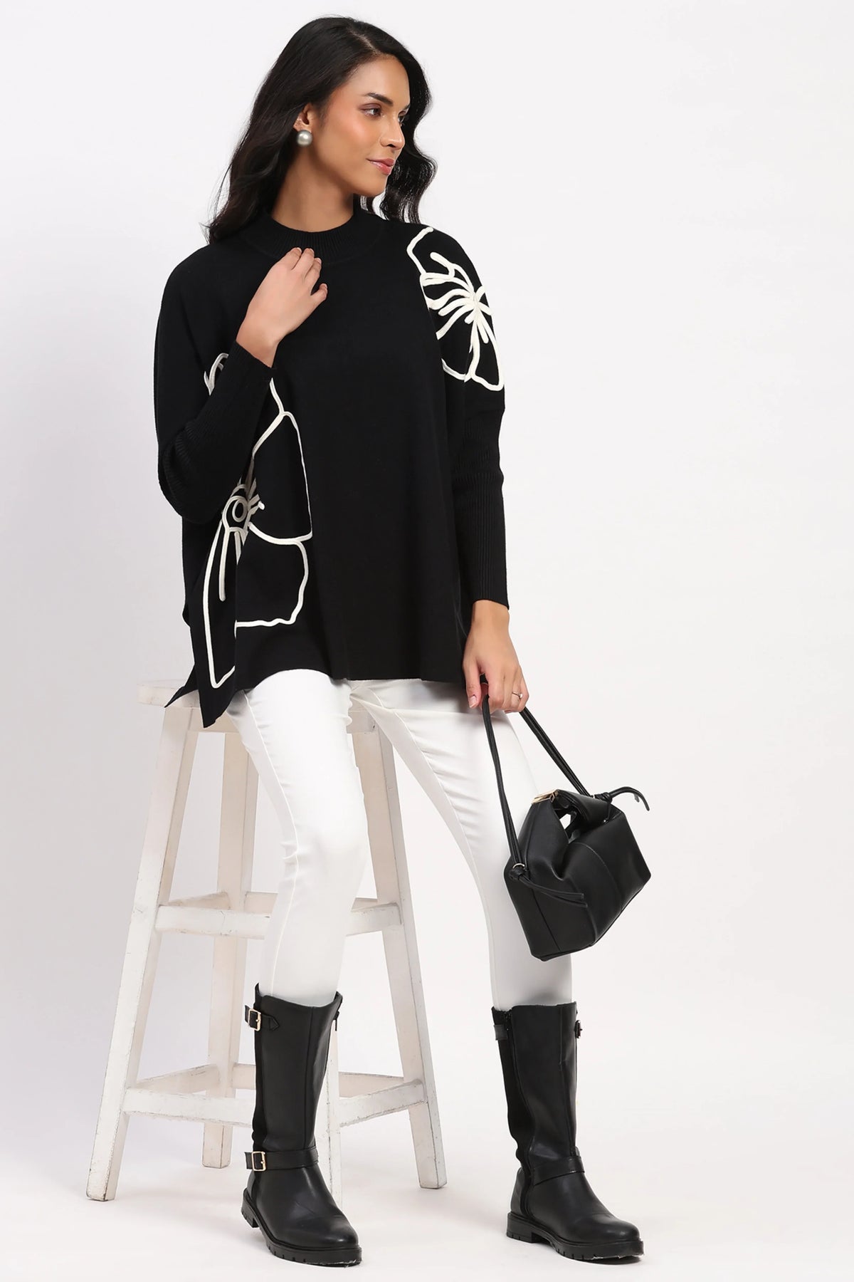 Black Floral Embroidered Loose Fit Pullover-Global Republic