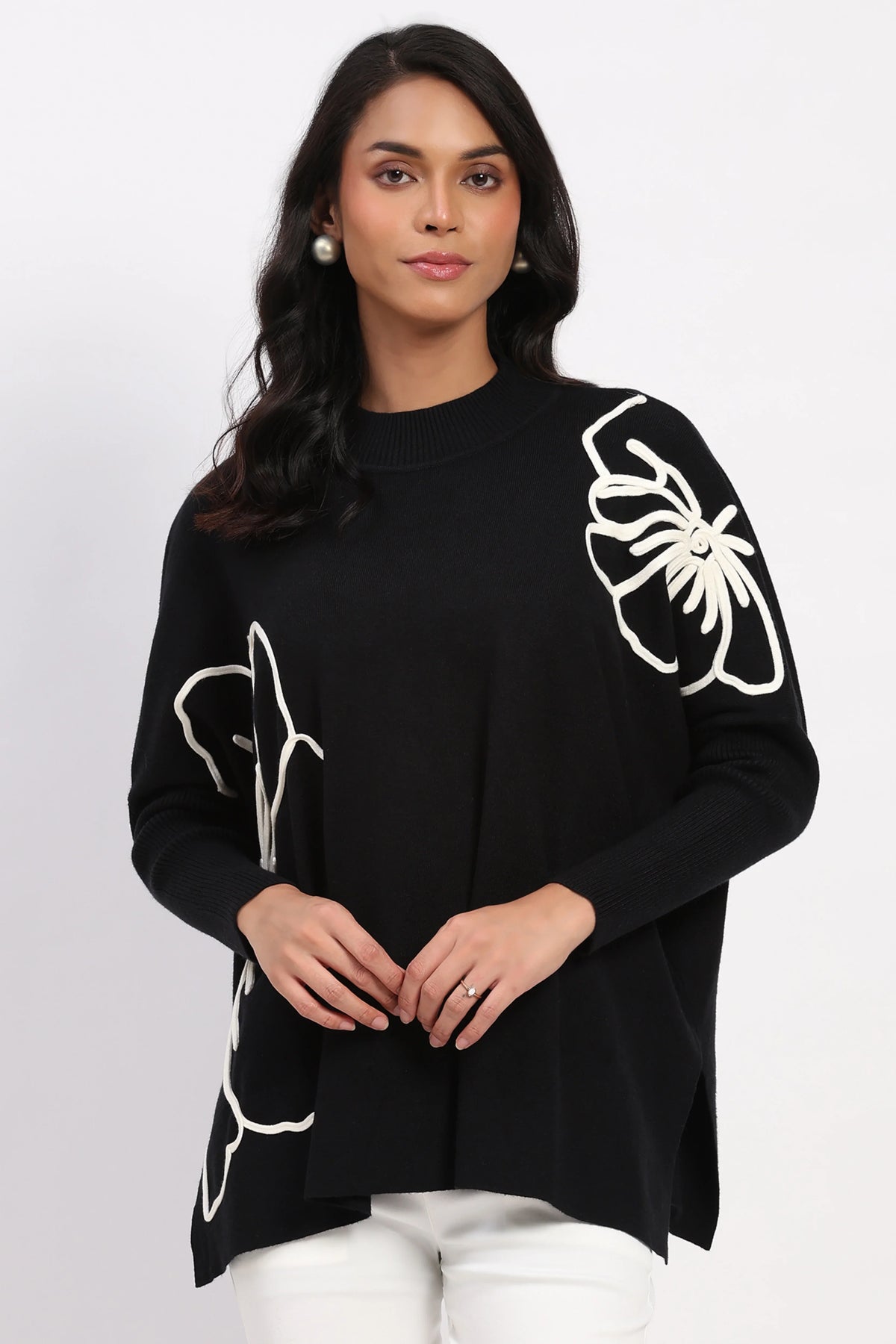 Black Floral Embroidered Loose Fit Pullover-Global Republic