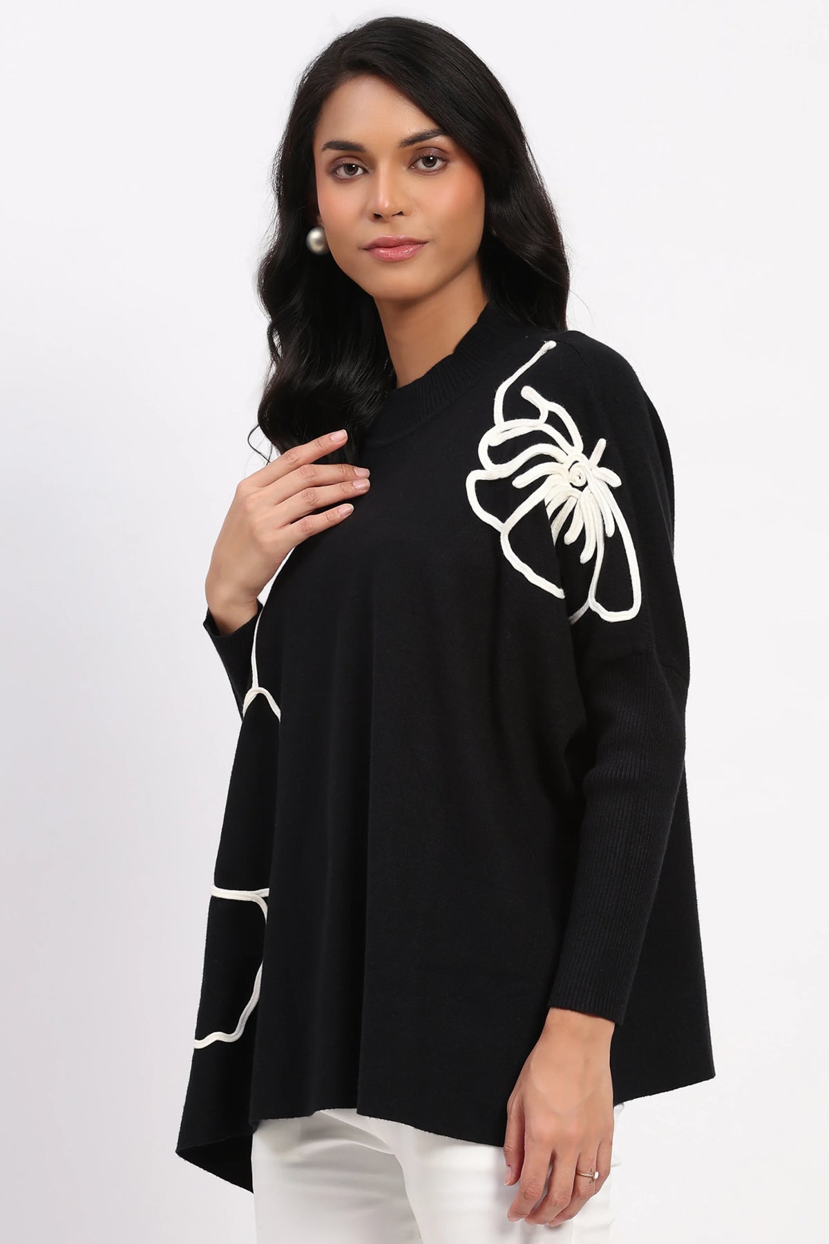 Black Floral Embroidered Loose Fit Pullover-Global Republic