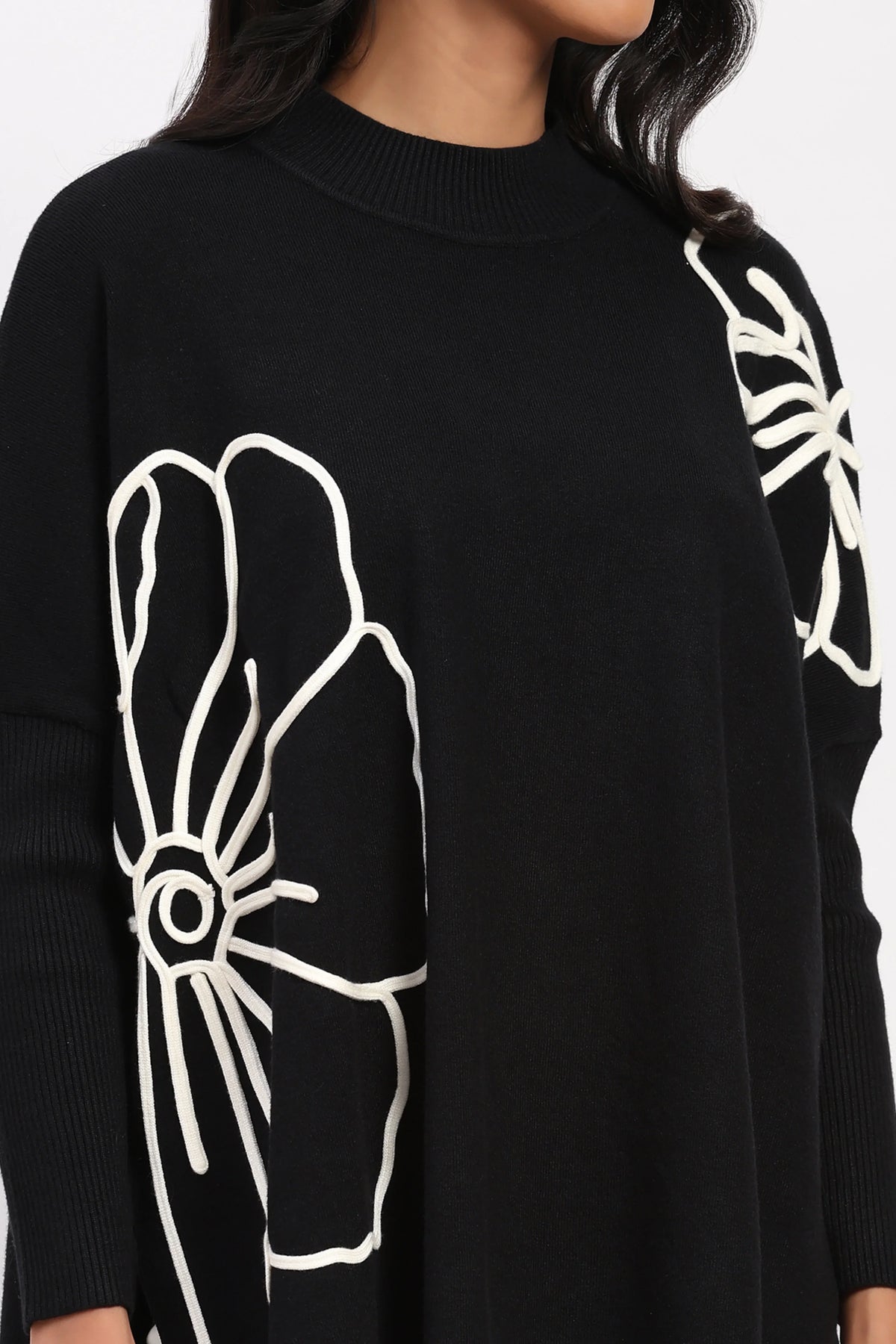 Black Floral Embroidered Loose Fit Pullover-Global Republic
