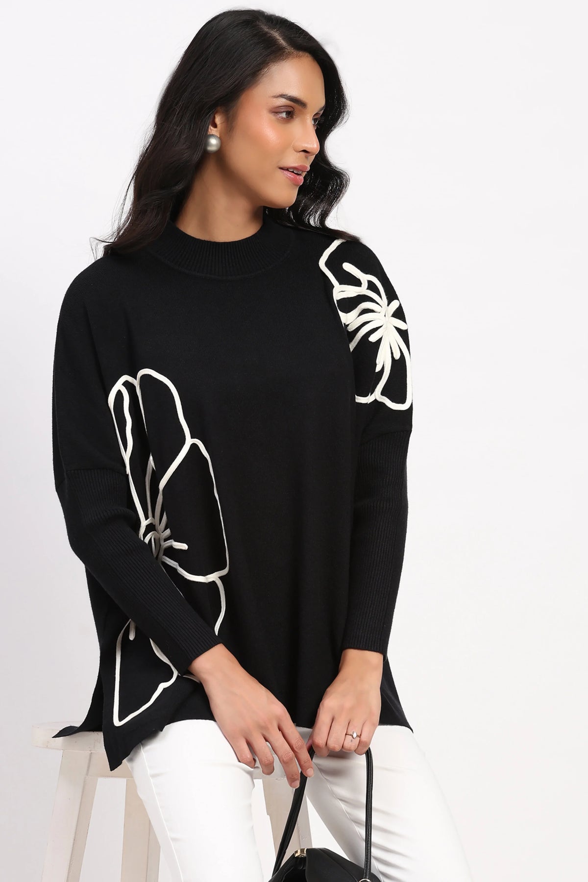 Black Floral Embroidered Loose Fit Pullover-Global Republic