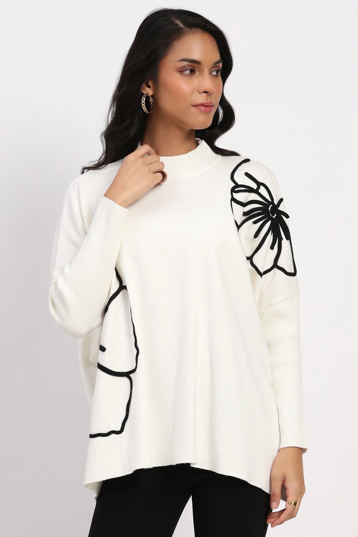 White Floral Embroidered Loose Fit Pullover-Global Republic