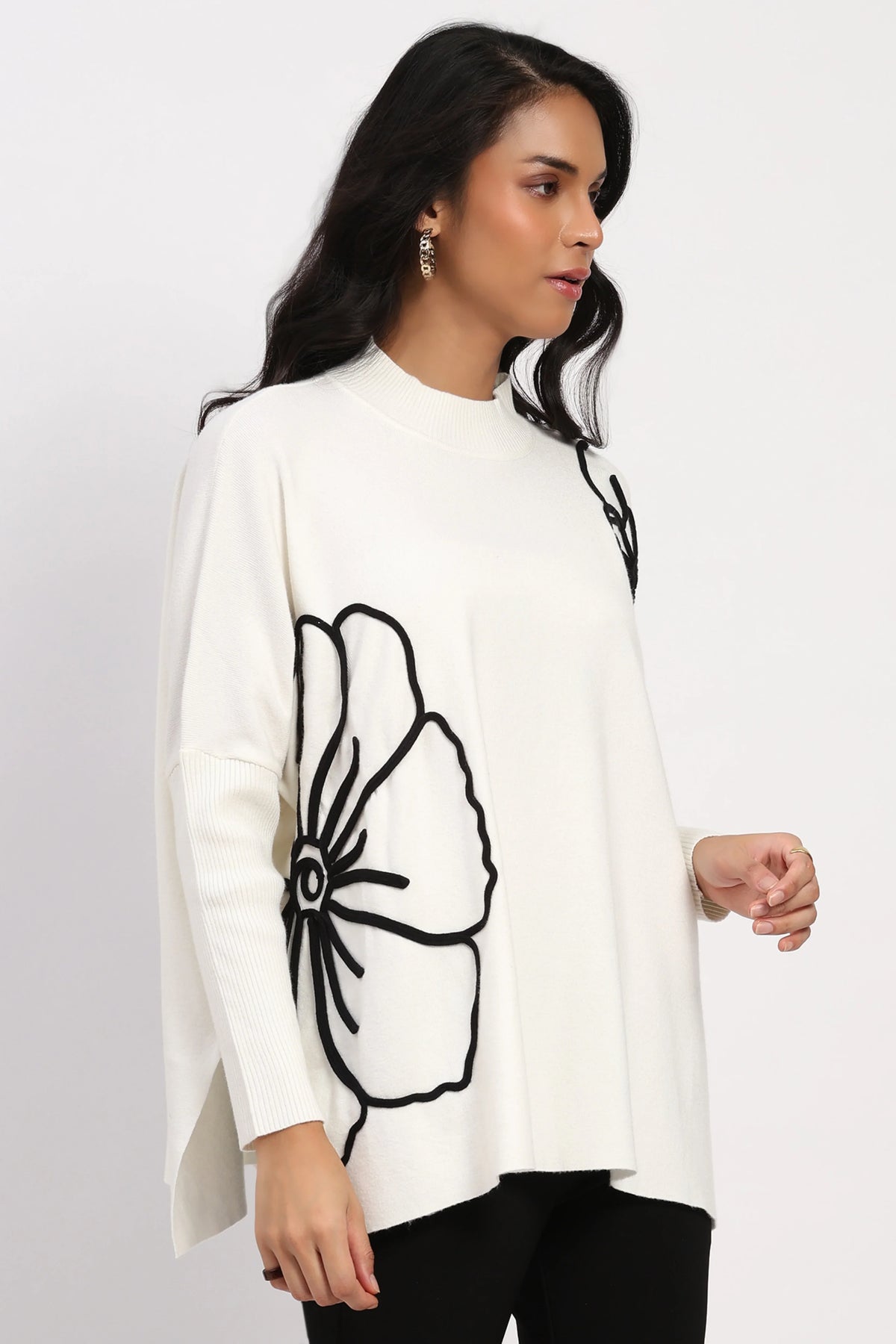 White Floral Embroidered Loose Fit Pullover-Global Republic