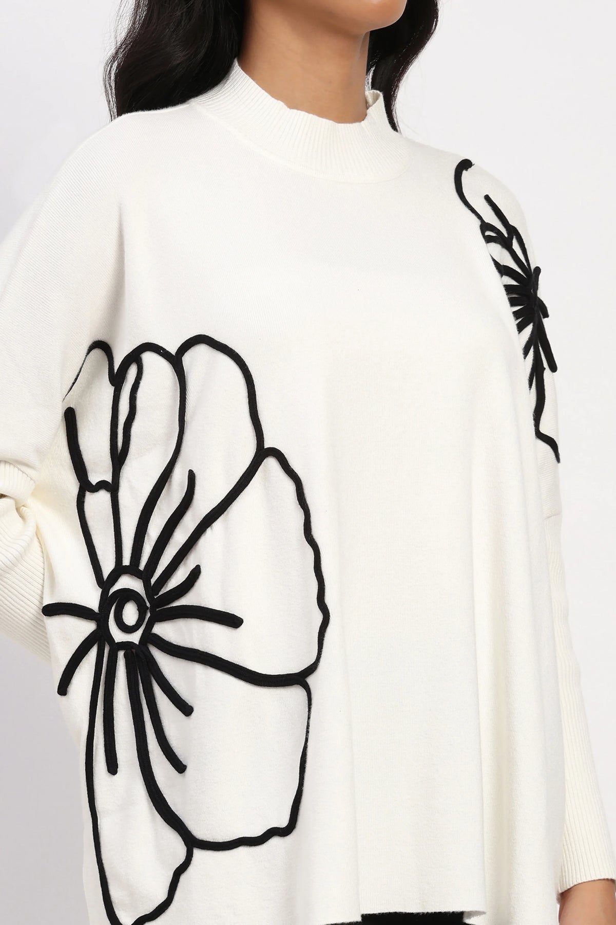 White Floral Embroidered Loose Fit Pullover-Global Republic