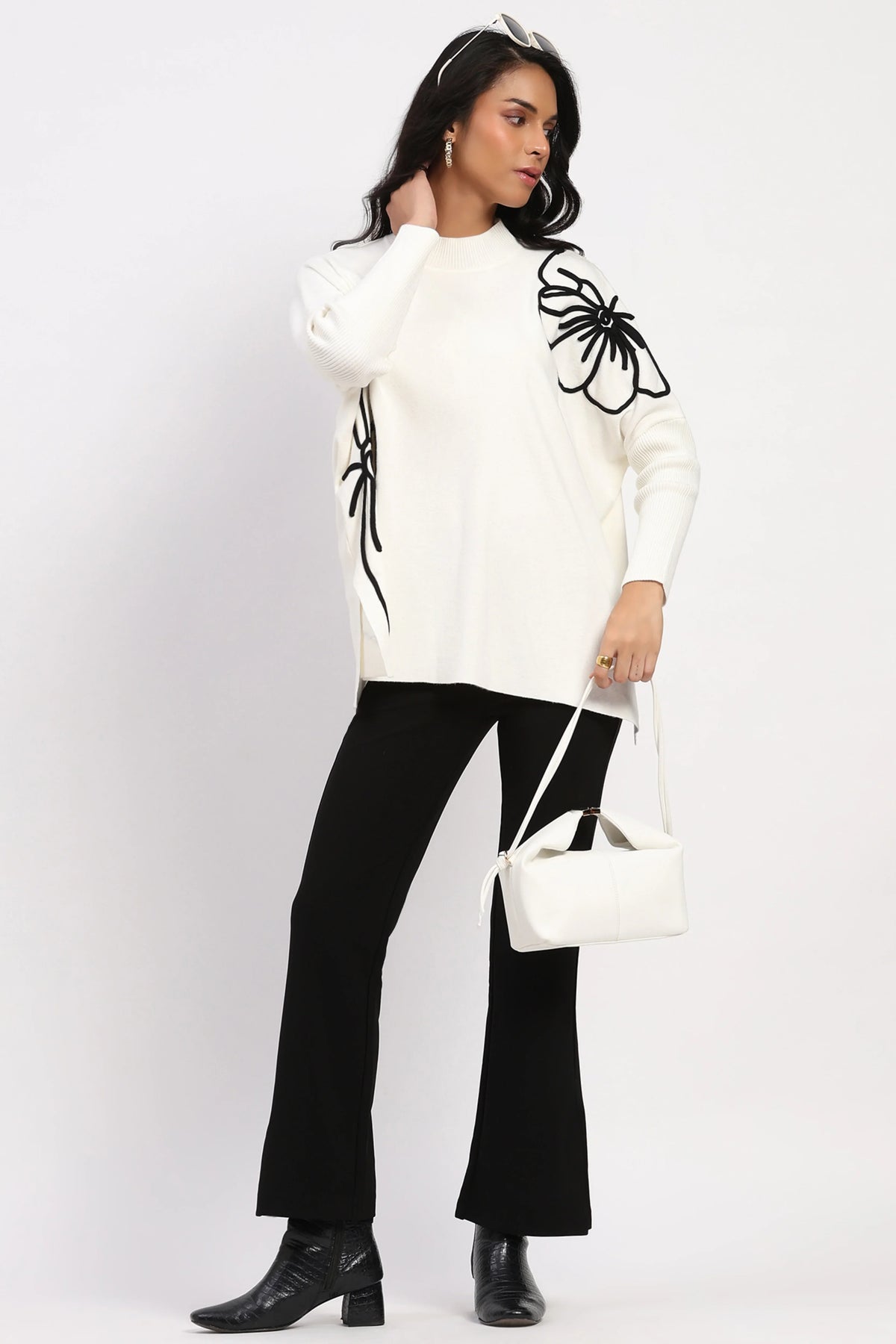 White Floral Embroidered Loose Fit Pullover-Global Republic