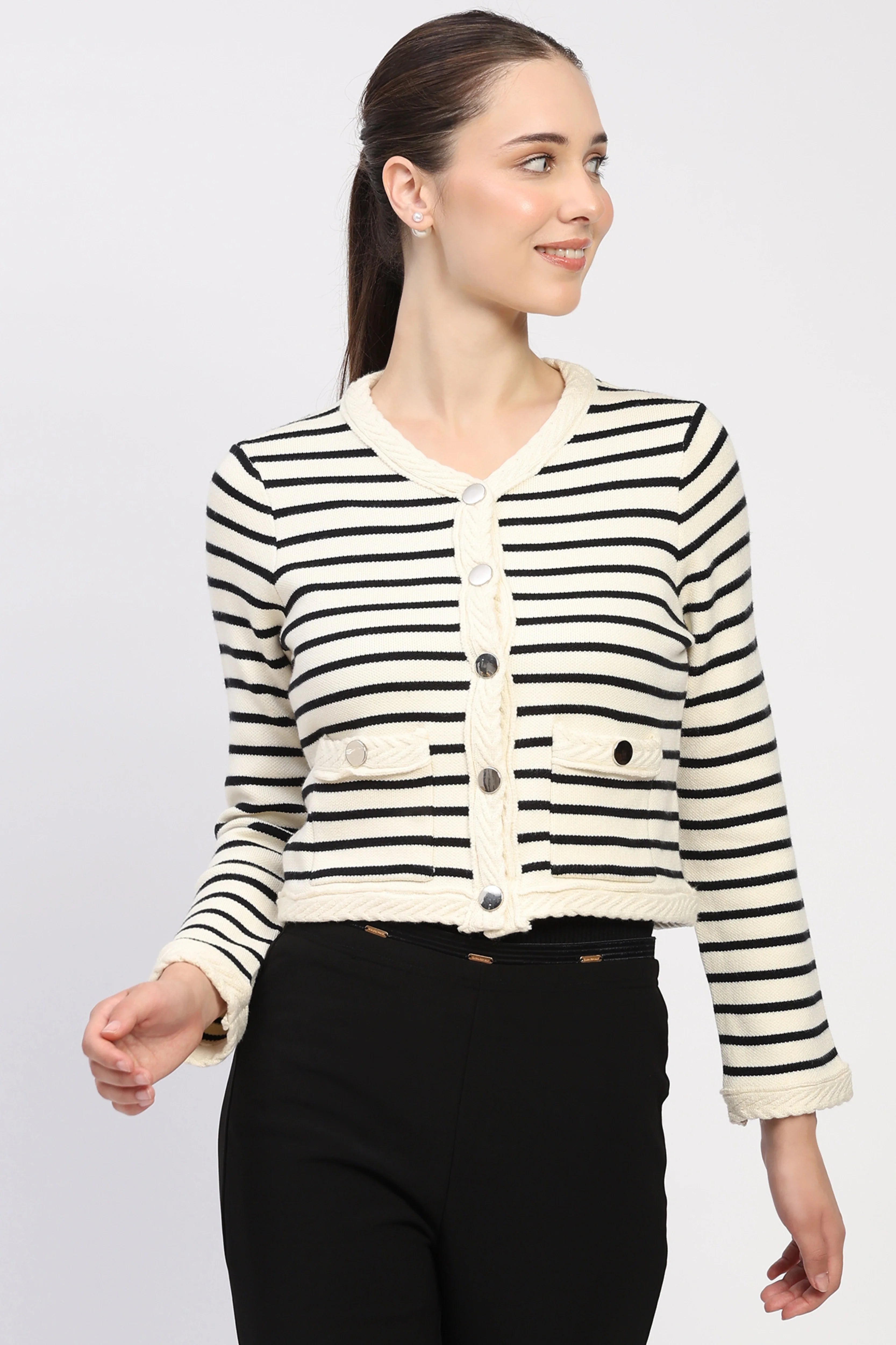 Cream & Black Stripe Cardigan