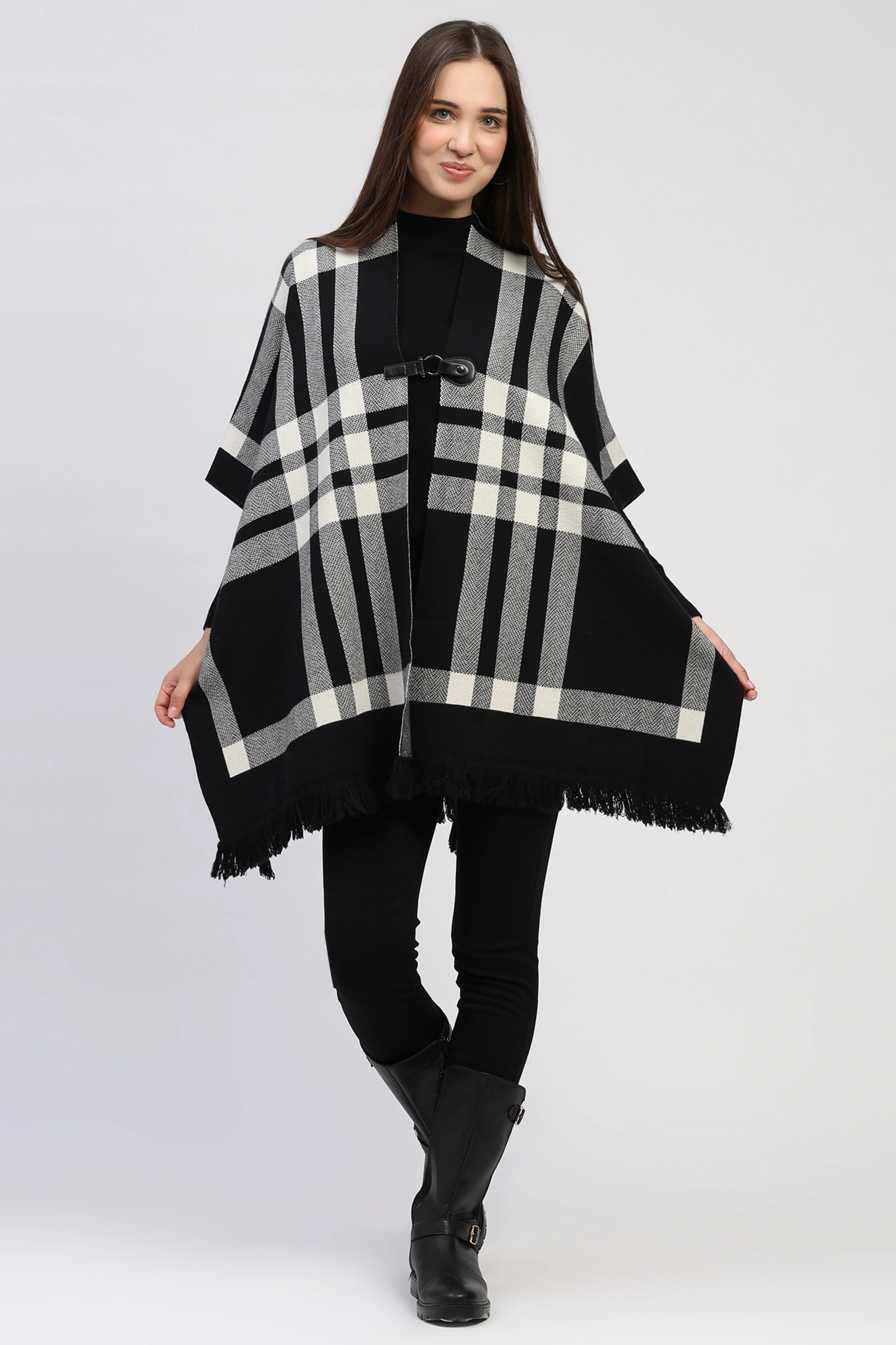Black Check Fringe Winter Shrug