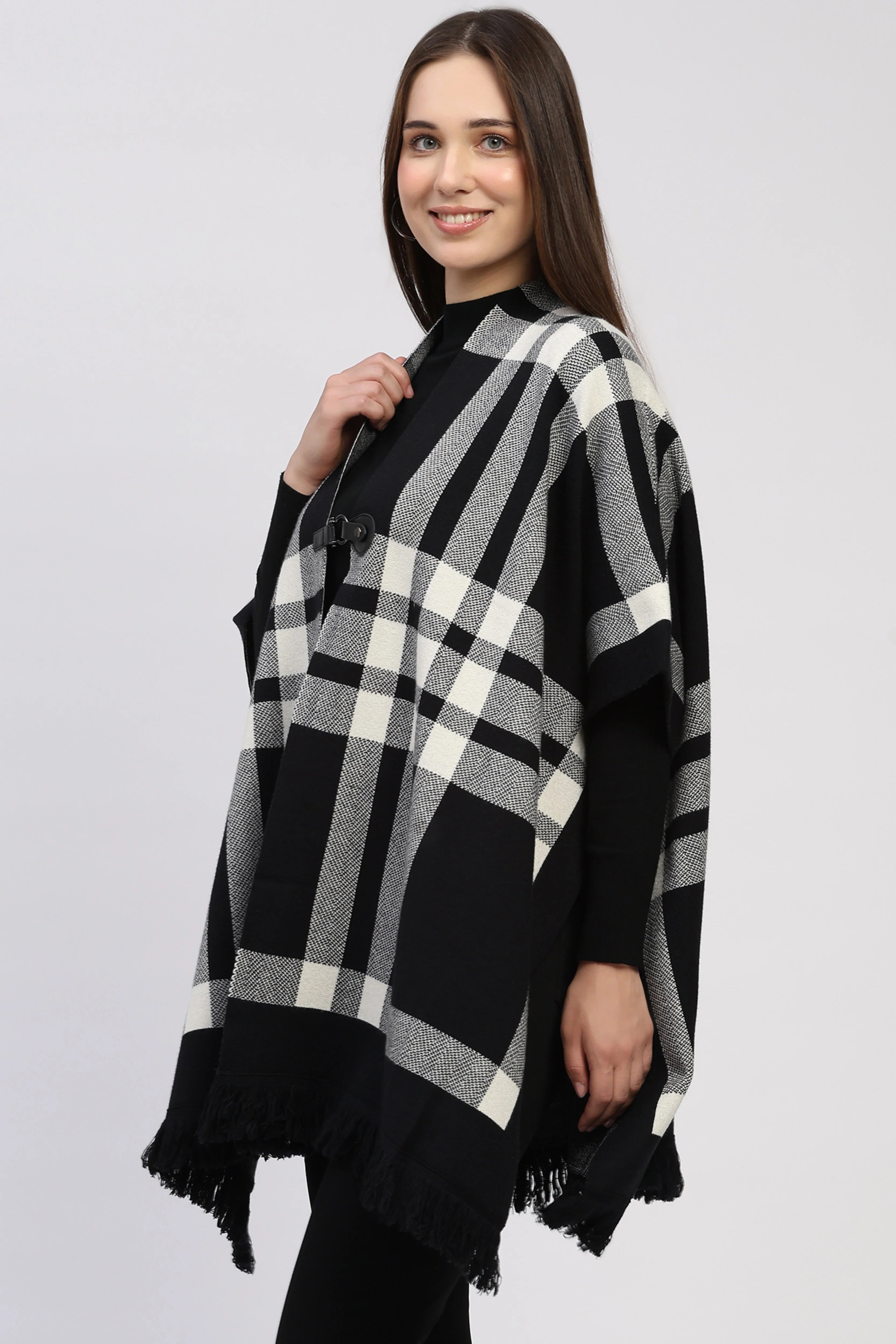 Black Check Fringe Winter Shrug