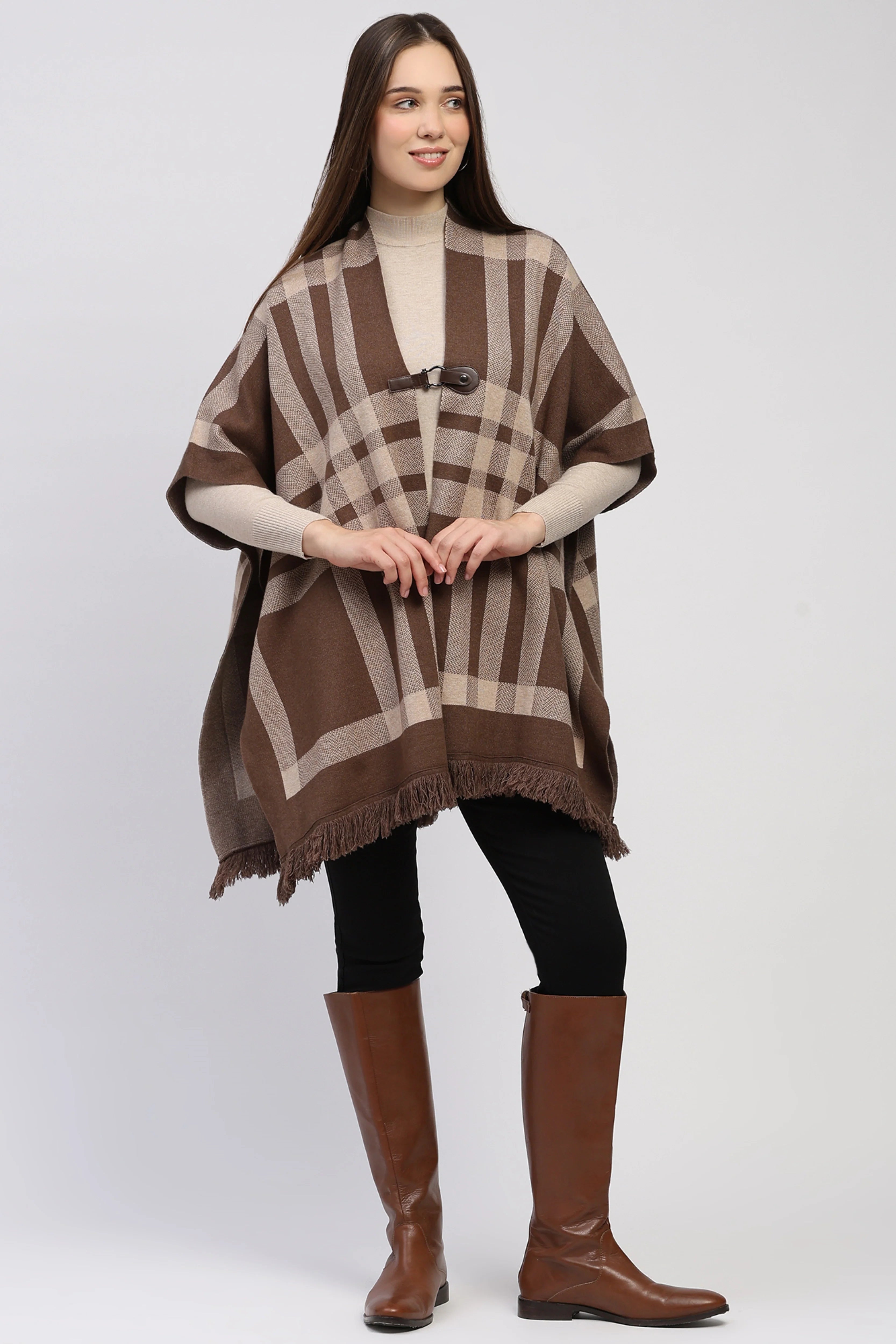 Brown Check Fringe Winter Shrug