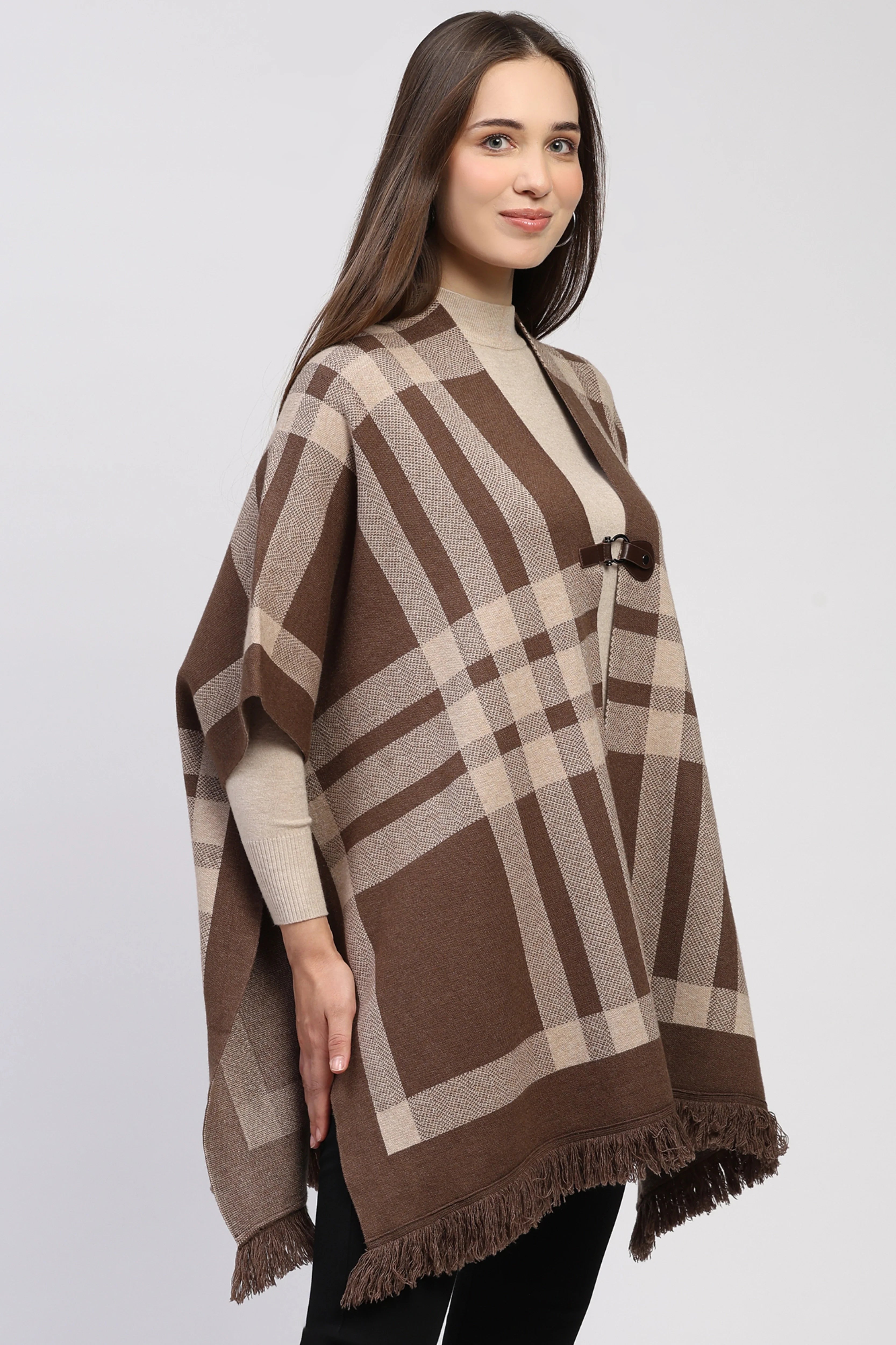 Brown Check Fringe Winter Shrug