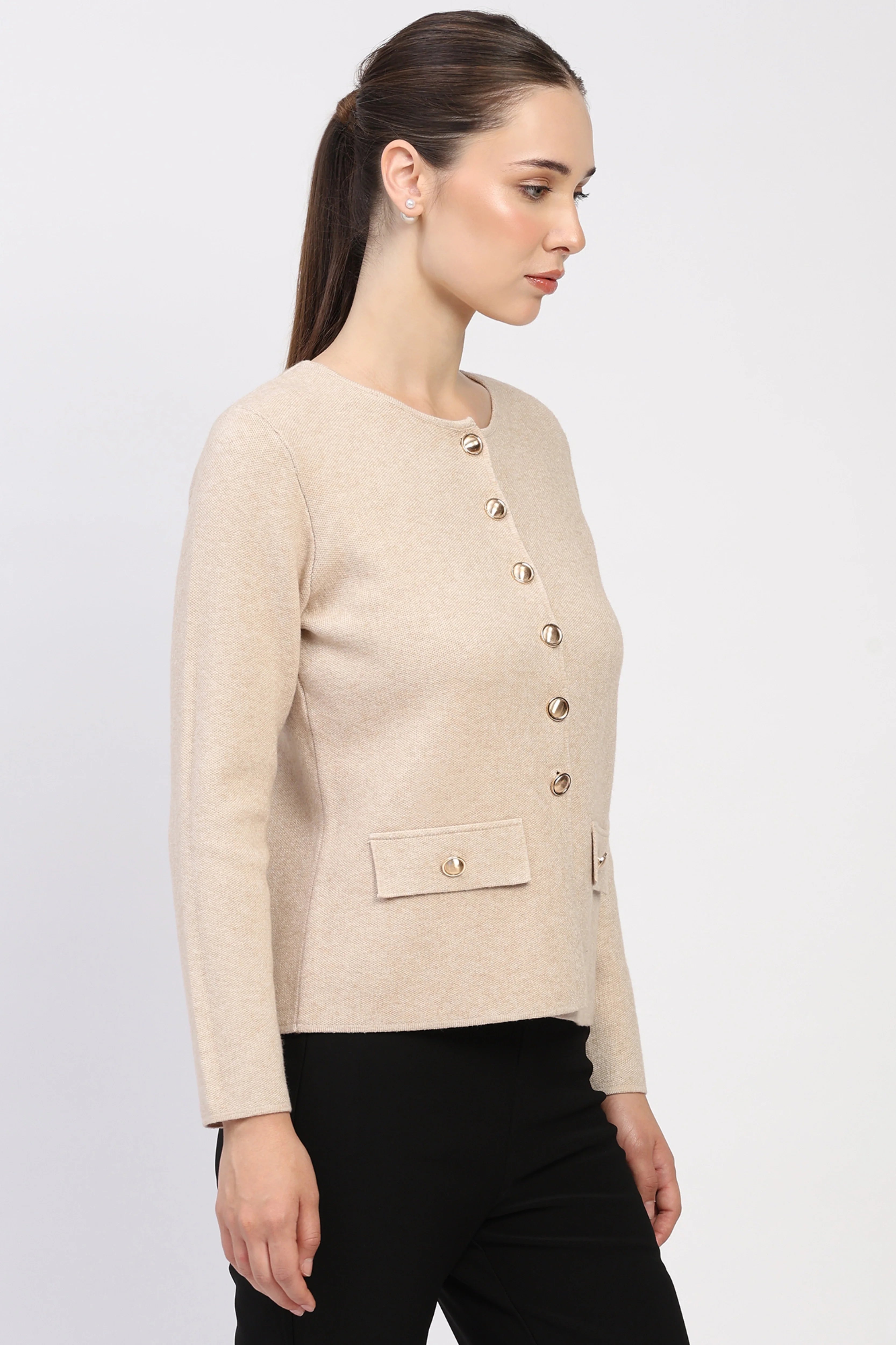 Beige Solid Cardigan