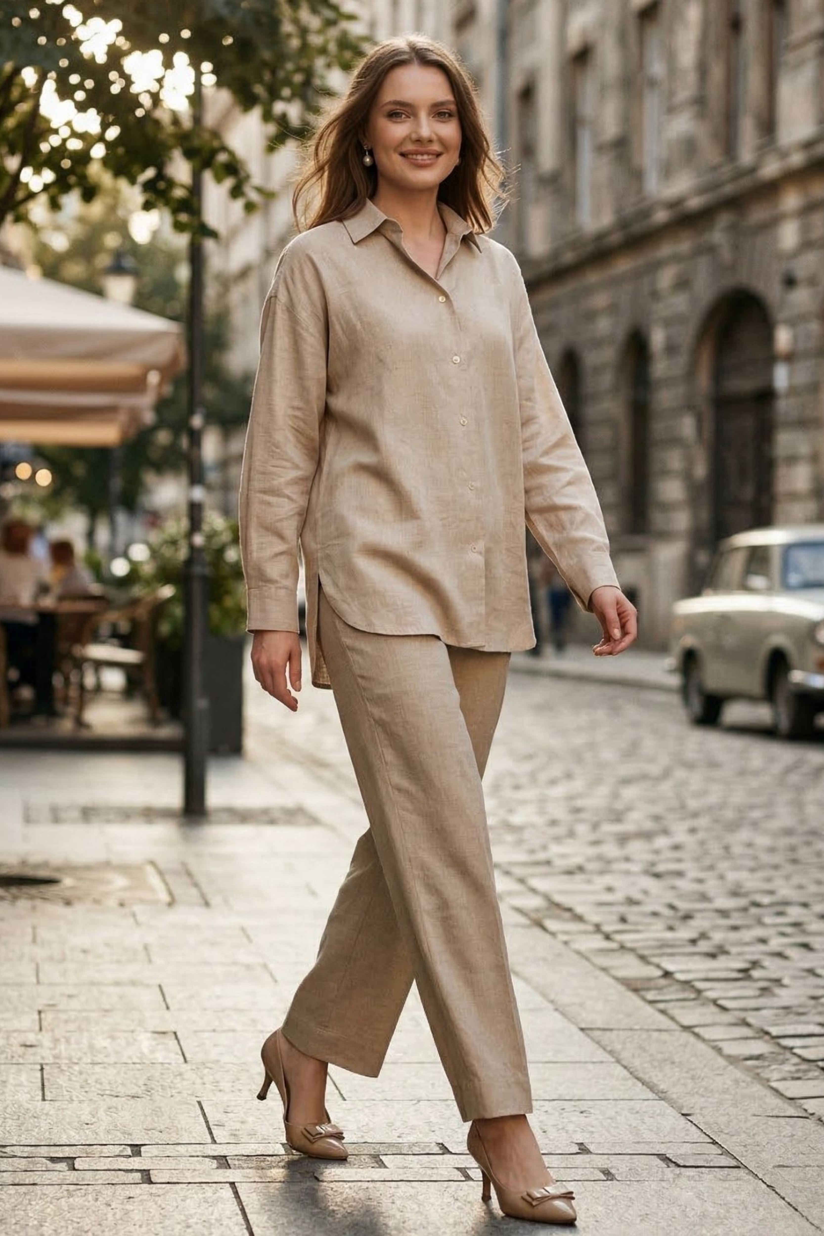 Beige Oversized Cotton Linen Shirt