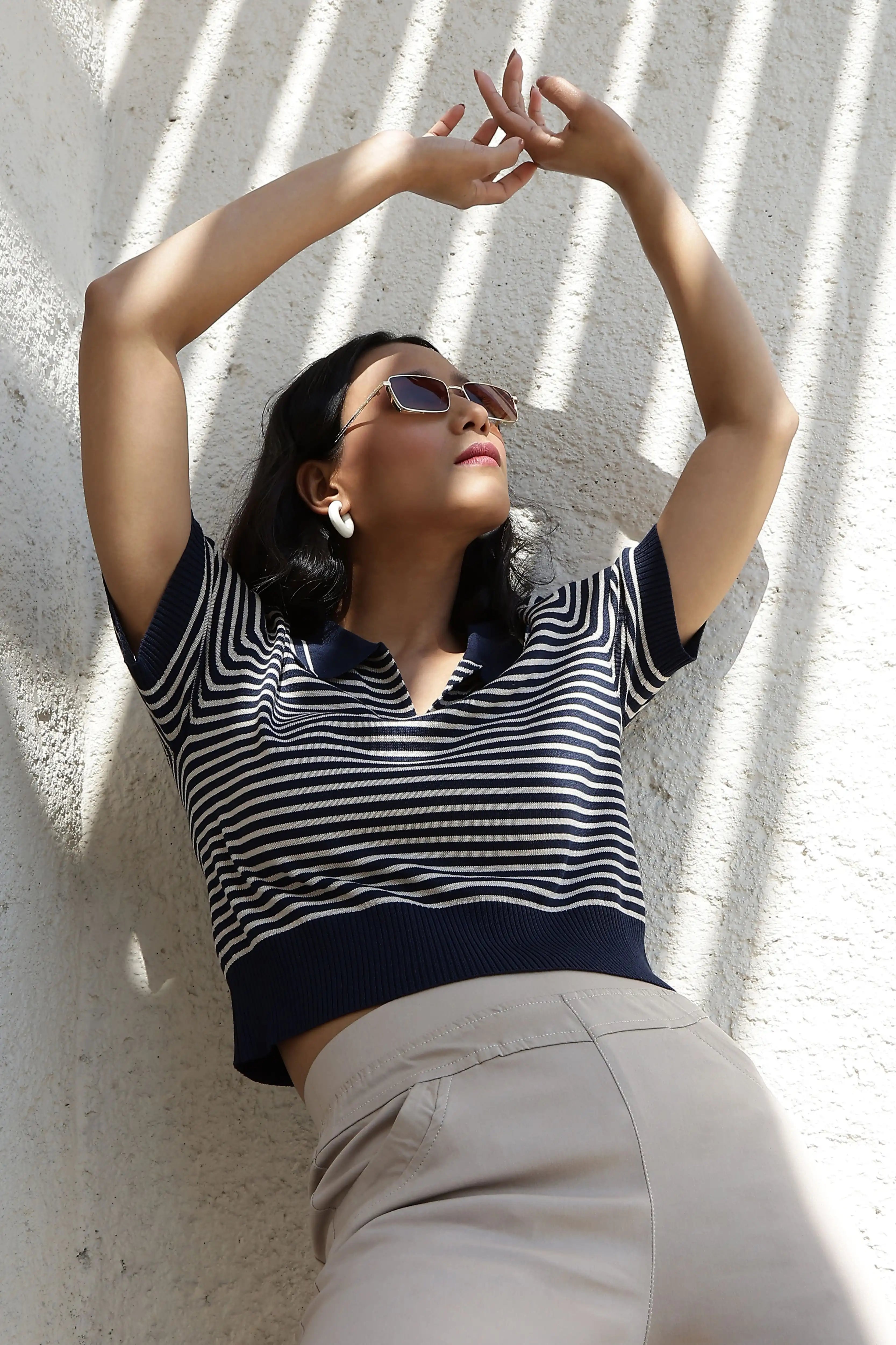 Navy Striped Viscose Boxy Top - Global Republic