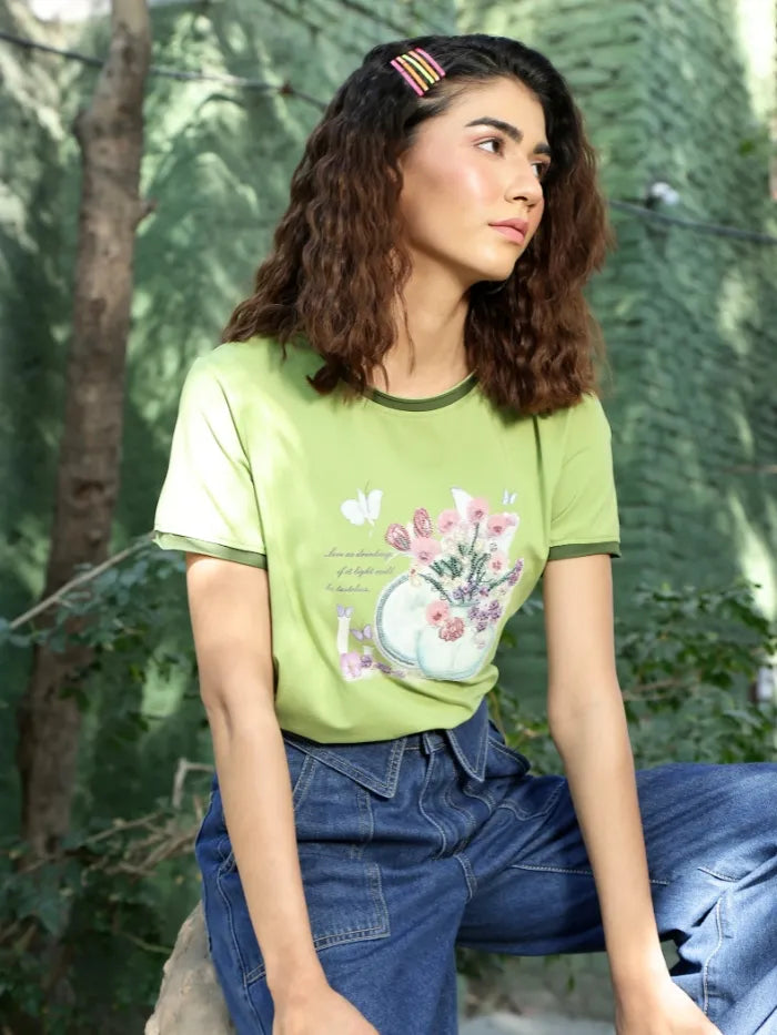 Green Embroidered Modal Blend Top - Global Republic