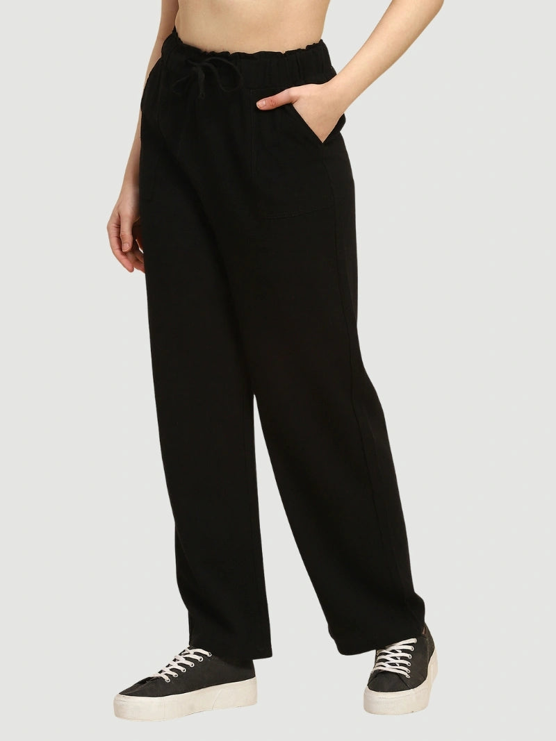 Black Solid Cotton Linen Relaxed Lower - Global Republic