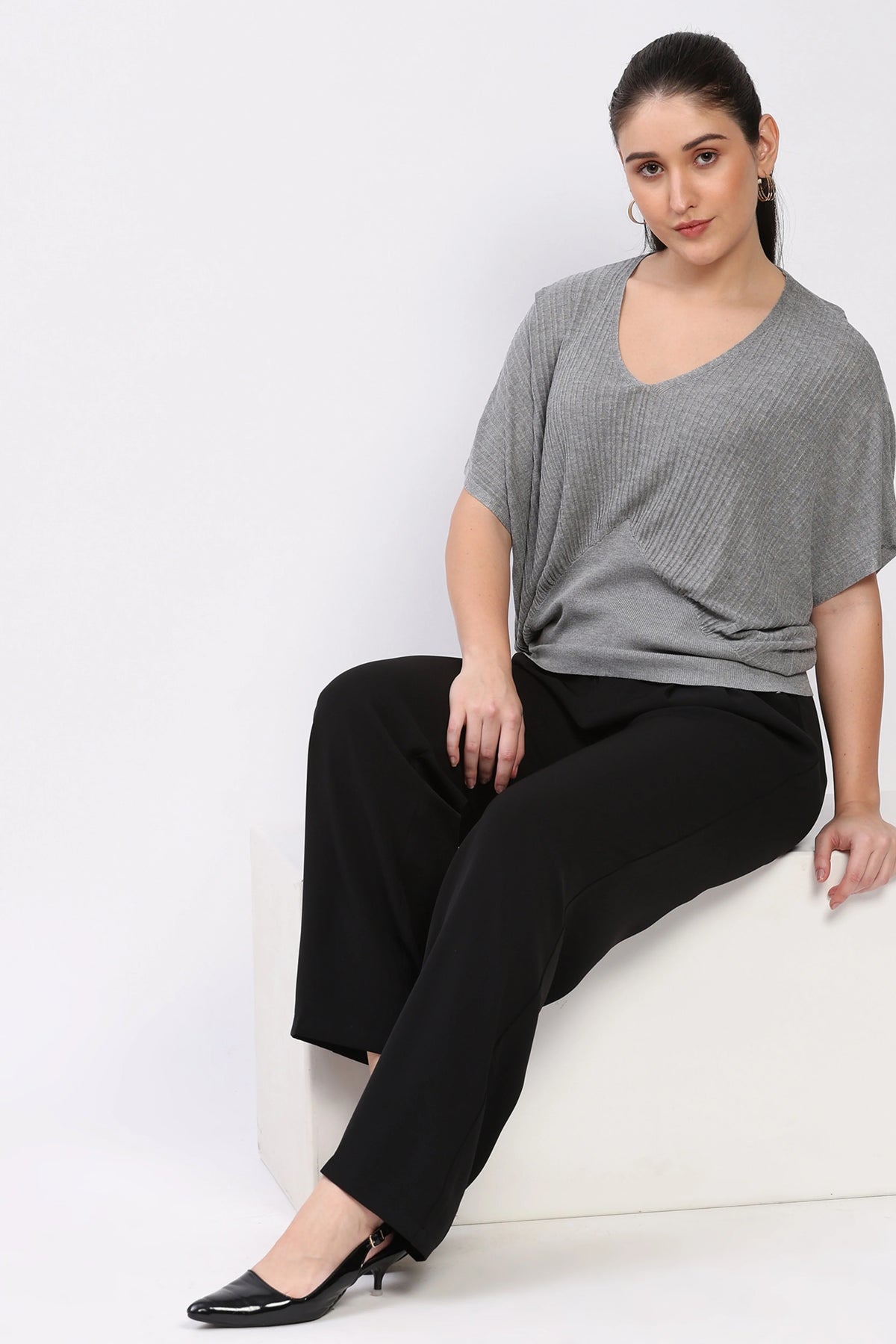 Light Grey Ribbed Batwing Sleeve Top-Global Republic