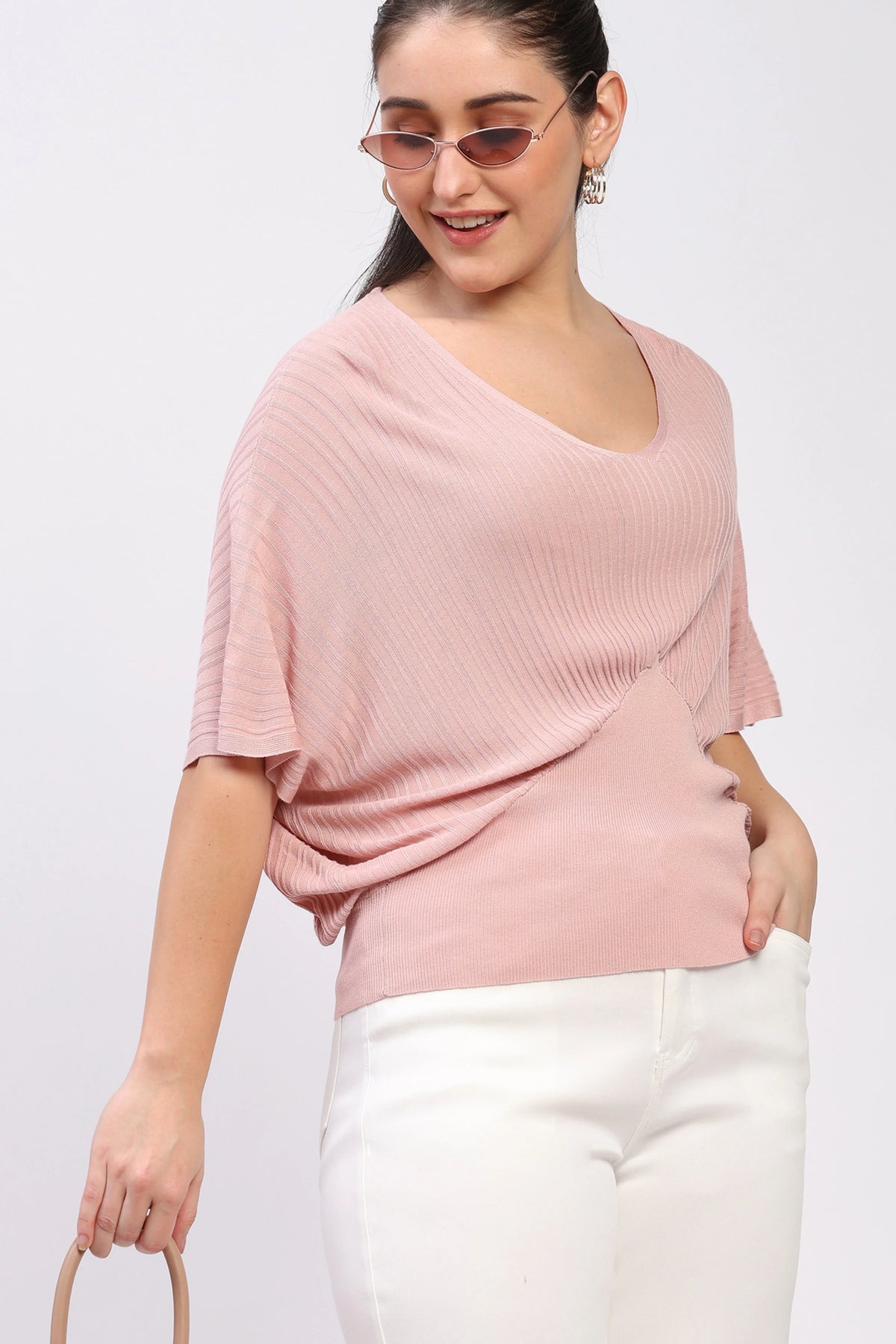 Onion Pink Ribbed Batwing Top-Global Republic