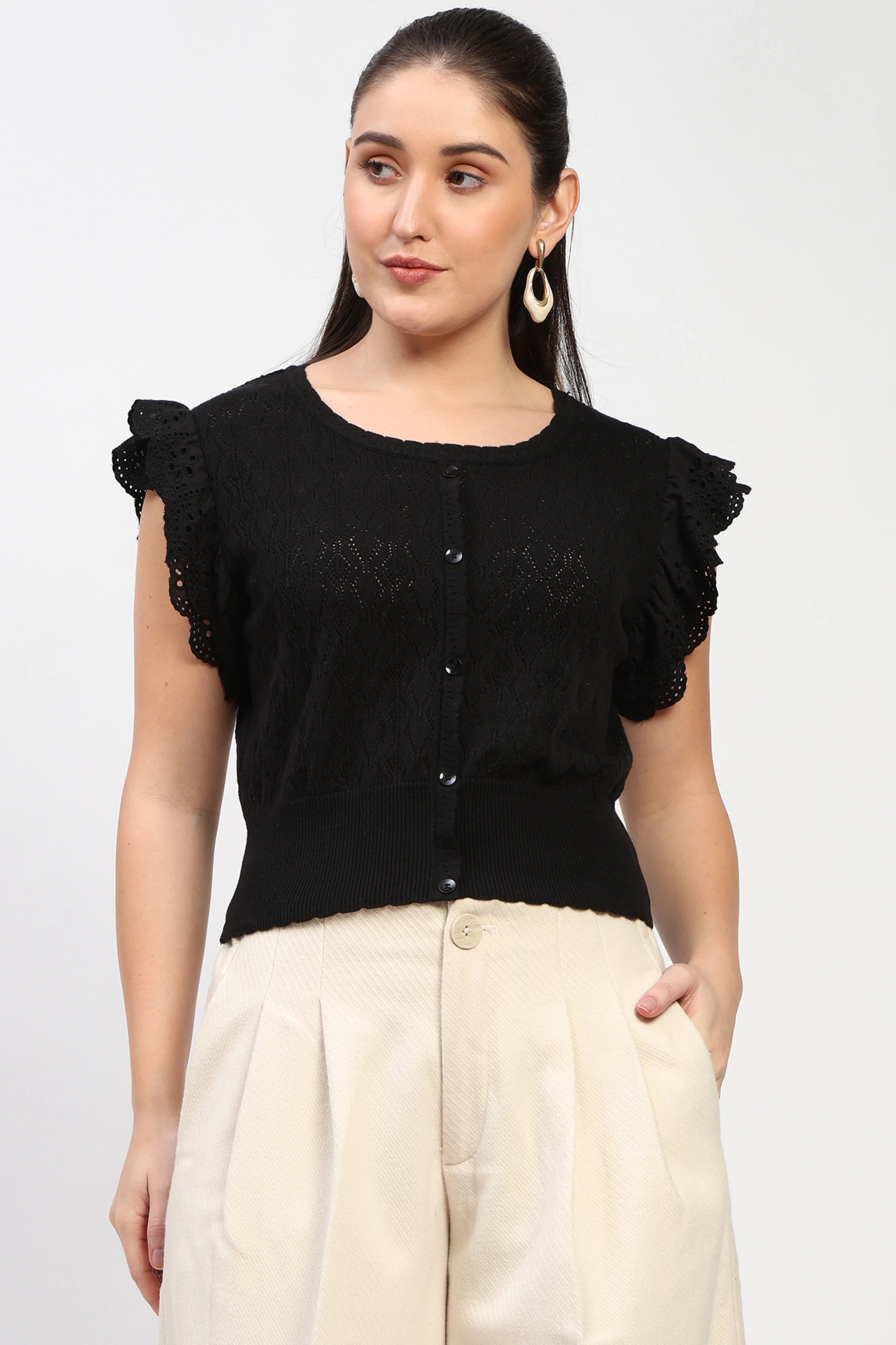 Black Ruffled Knit Top-Global Republic