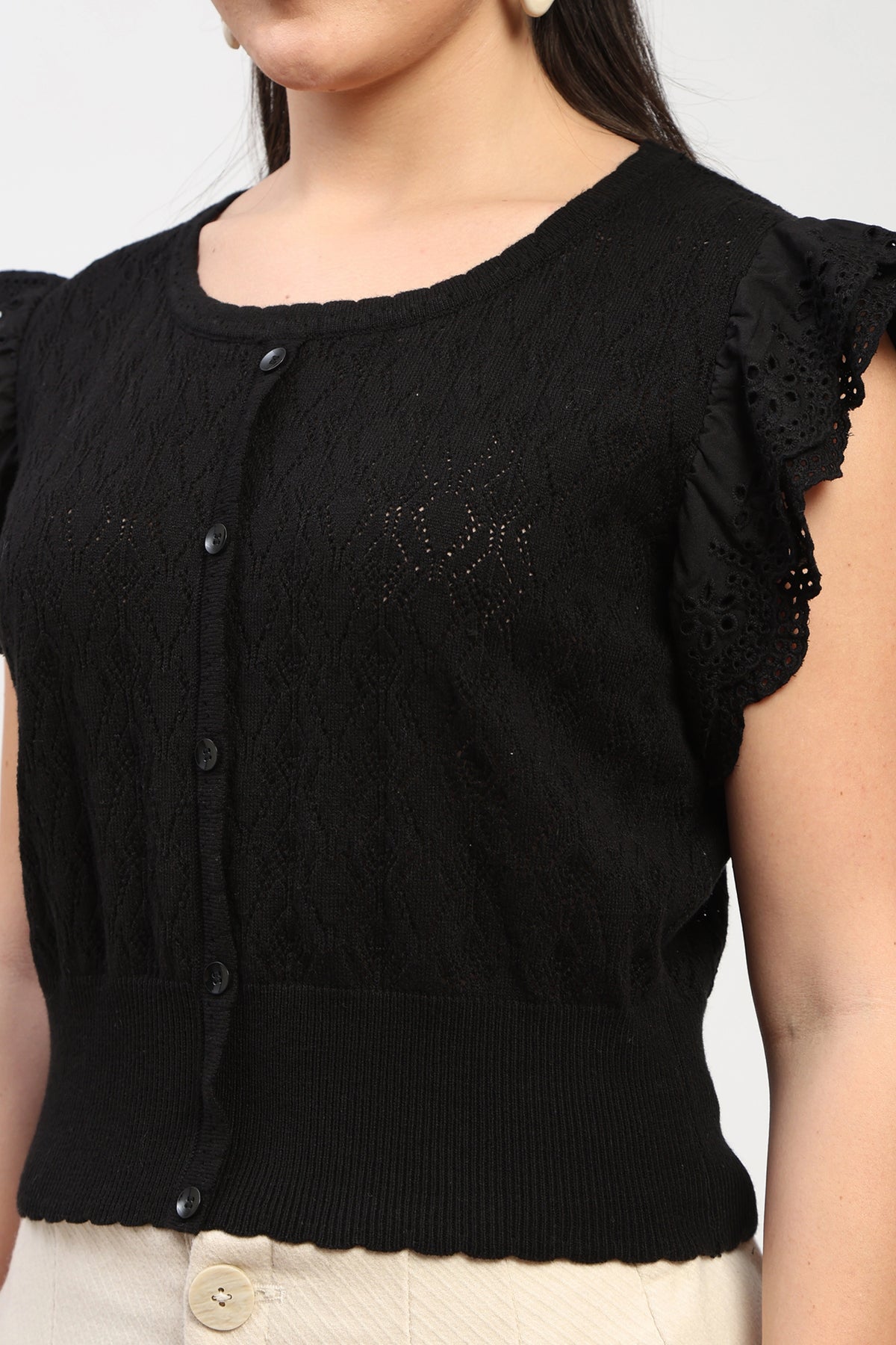 Black Ruffled Knit Top