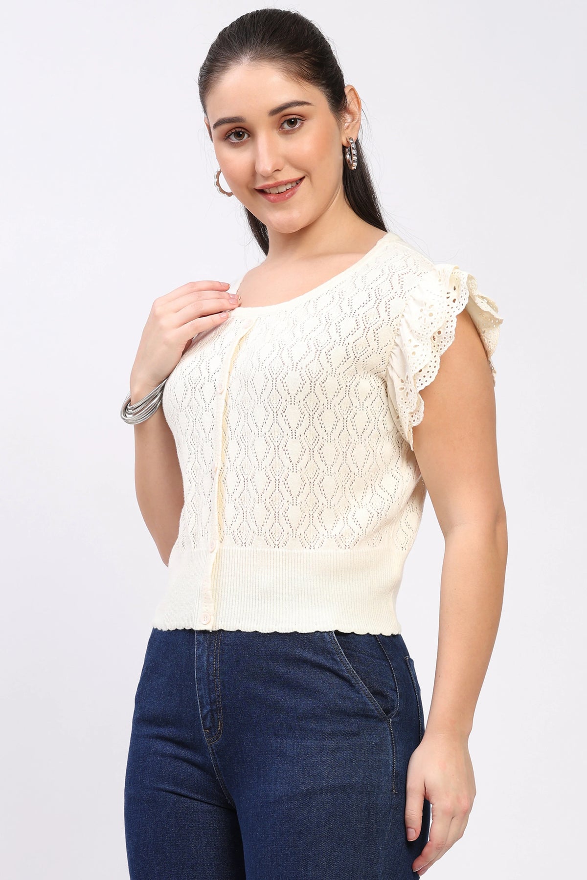 Off-White Ruffled Knit Top-Global Republic