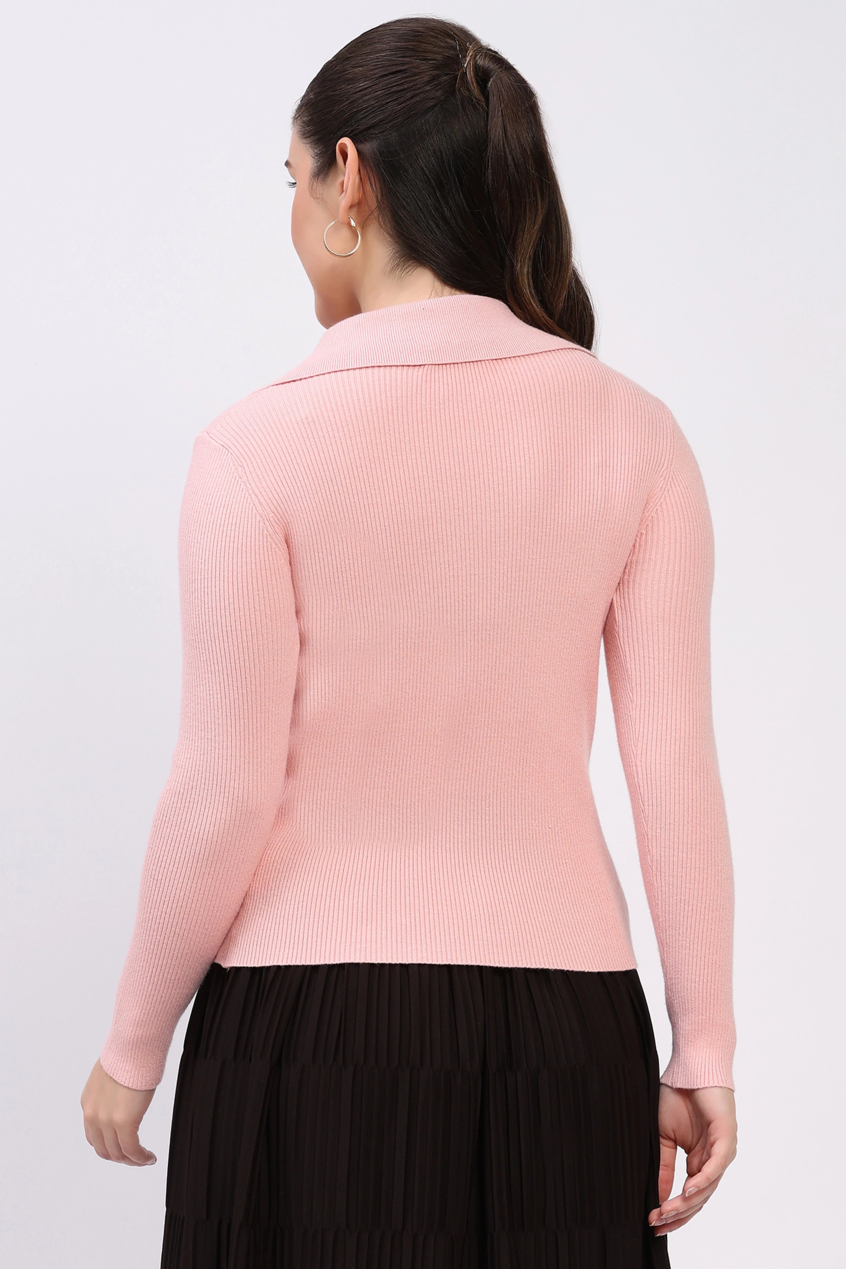 Pink Ribbed Collared Winter Top-Global Republic
