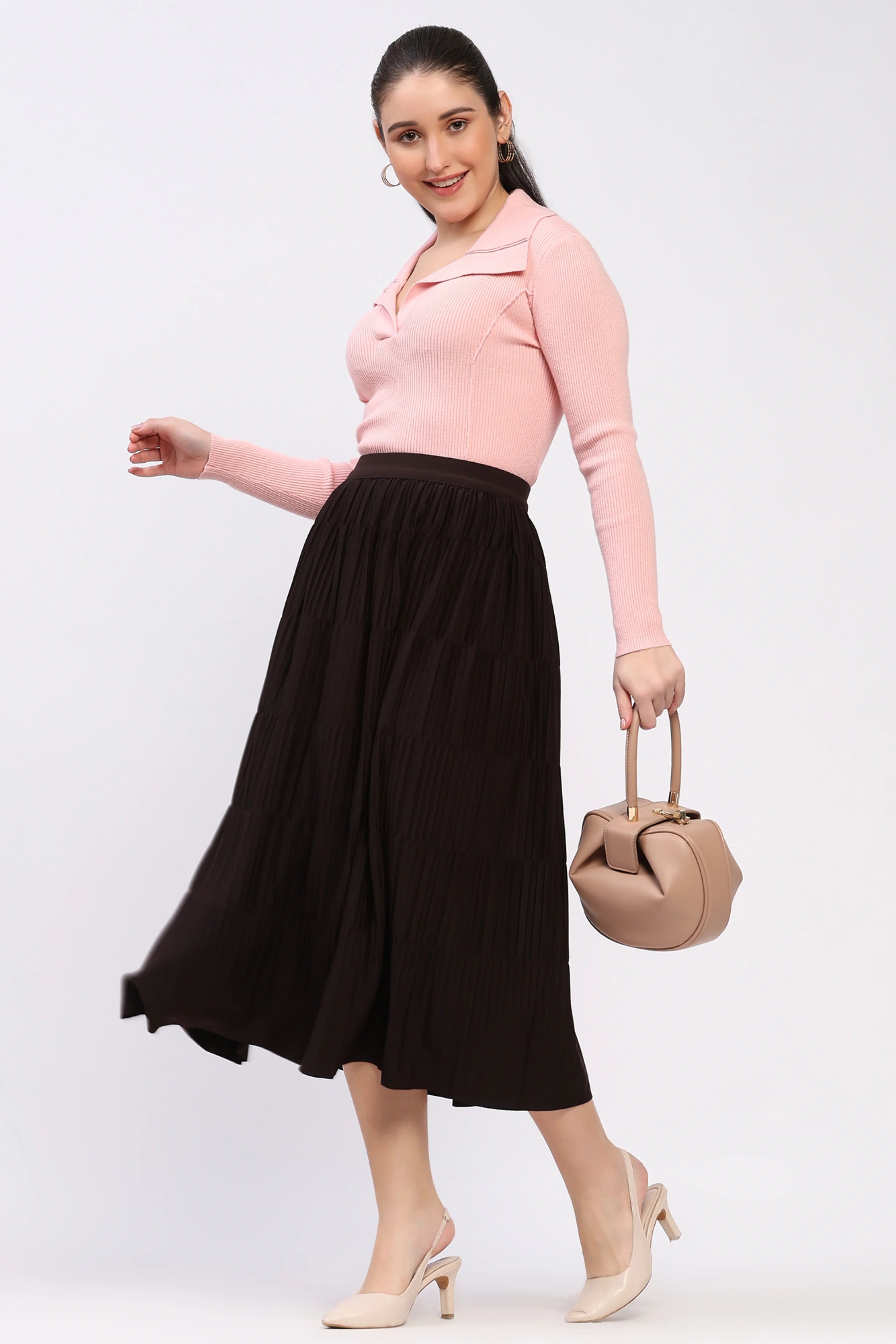 Pink Ribbed Collared Winter Top-Global Republic