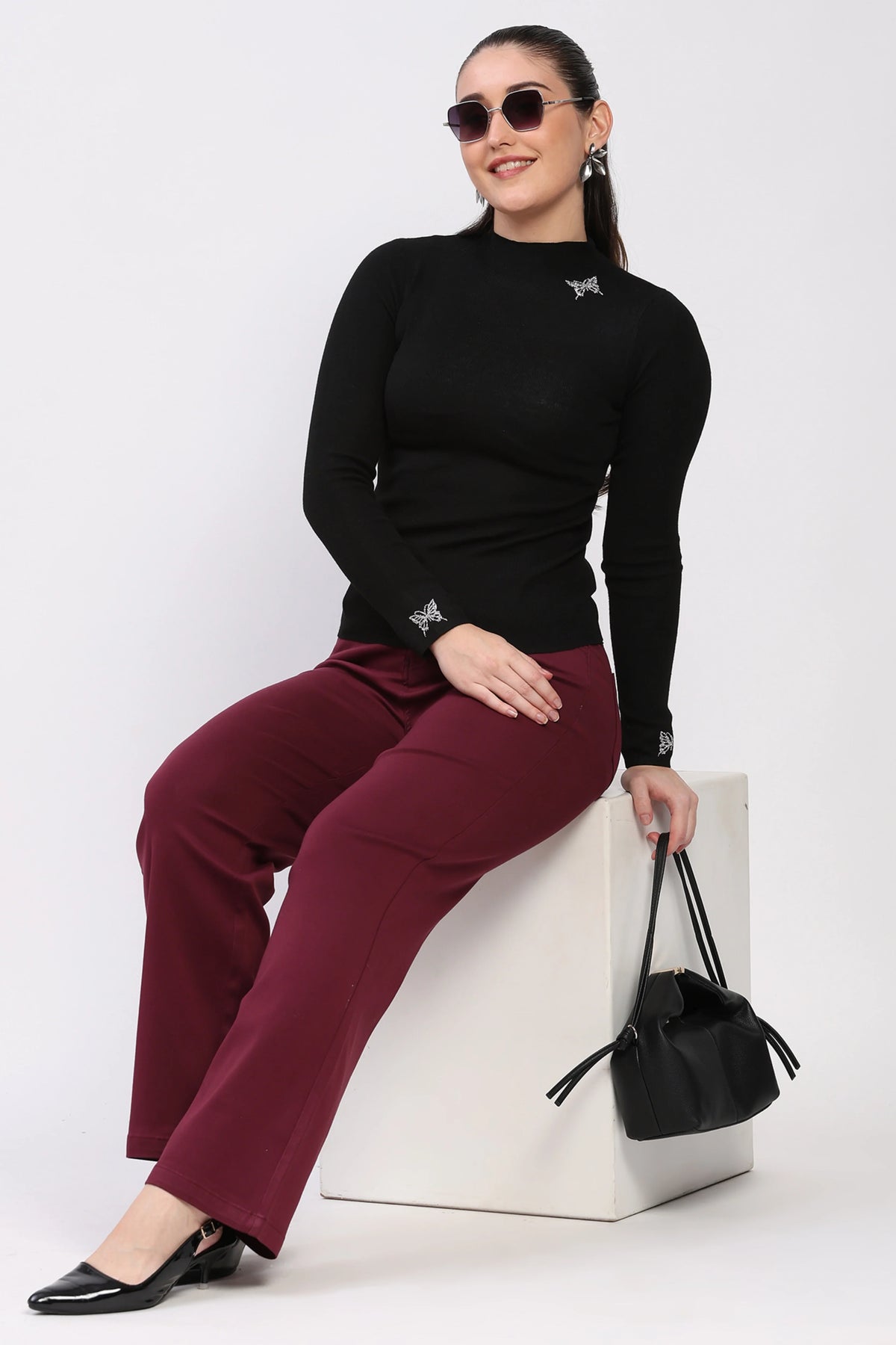 Butterfly Embellished High Neck Winter Top-Global Republic
