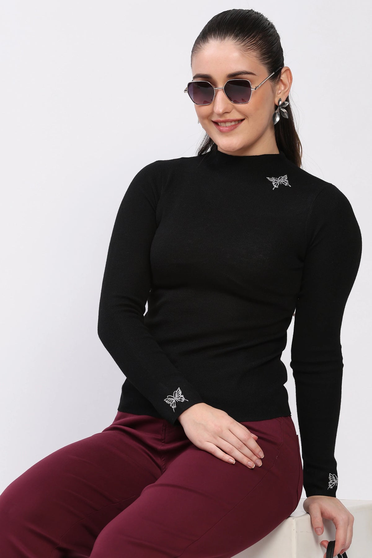 Butterfly Embellished High Neck Winter Top-Global Republic