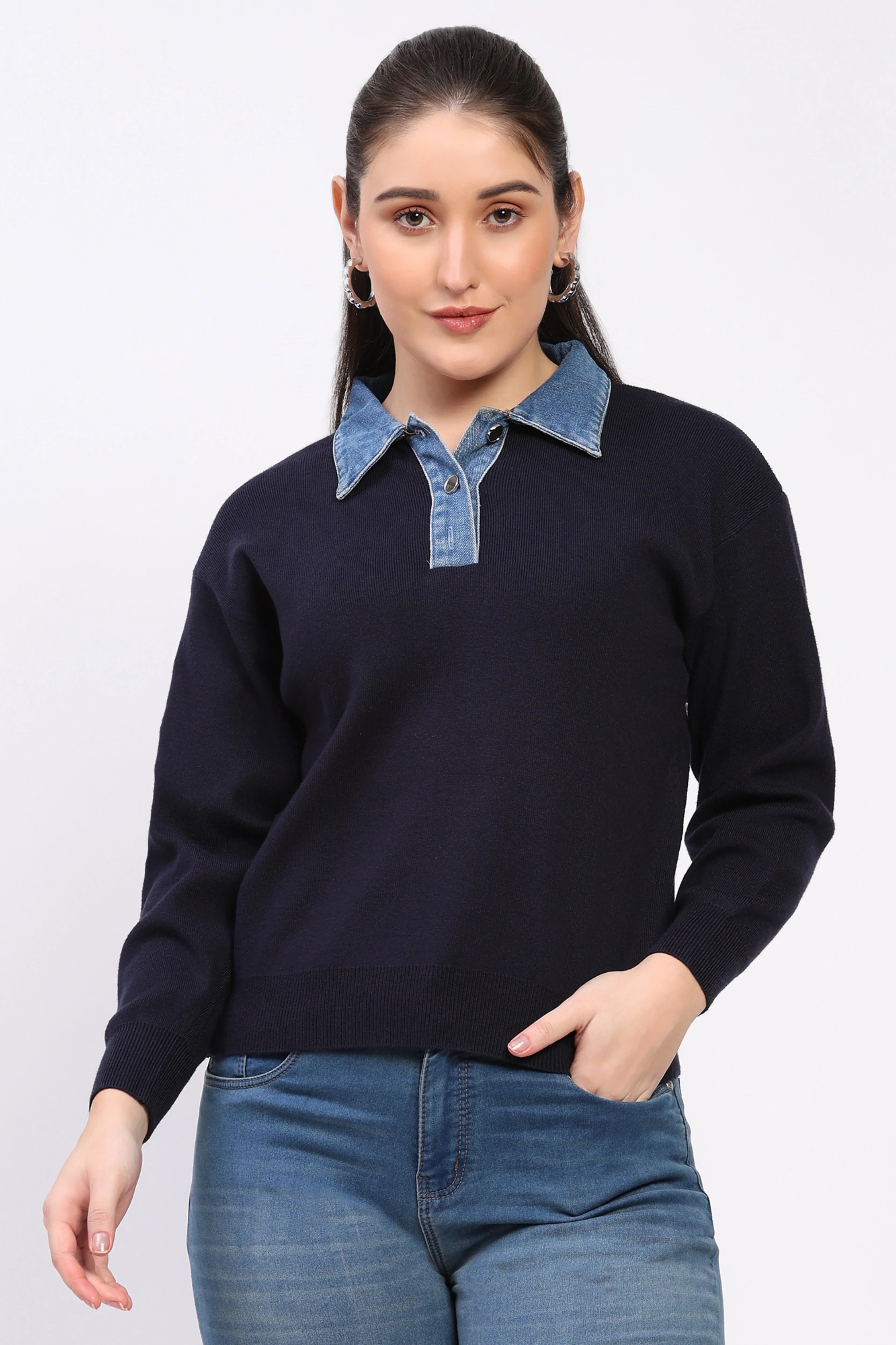 Navy Denim Collar Sweater-Global Republic