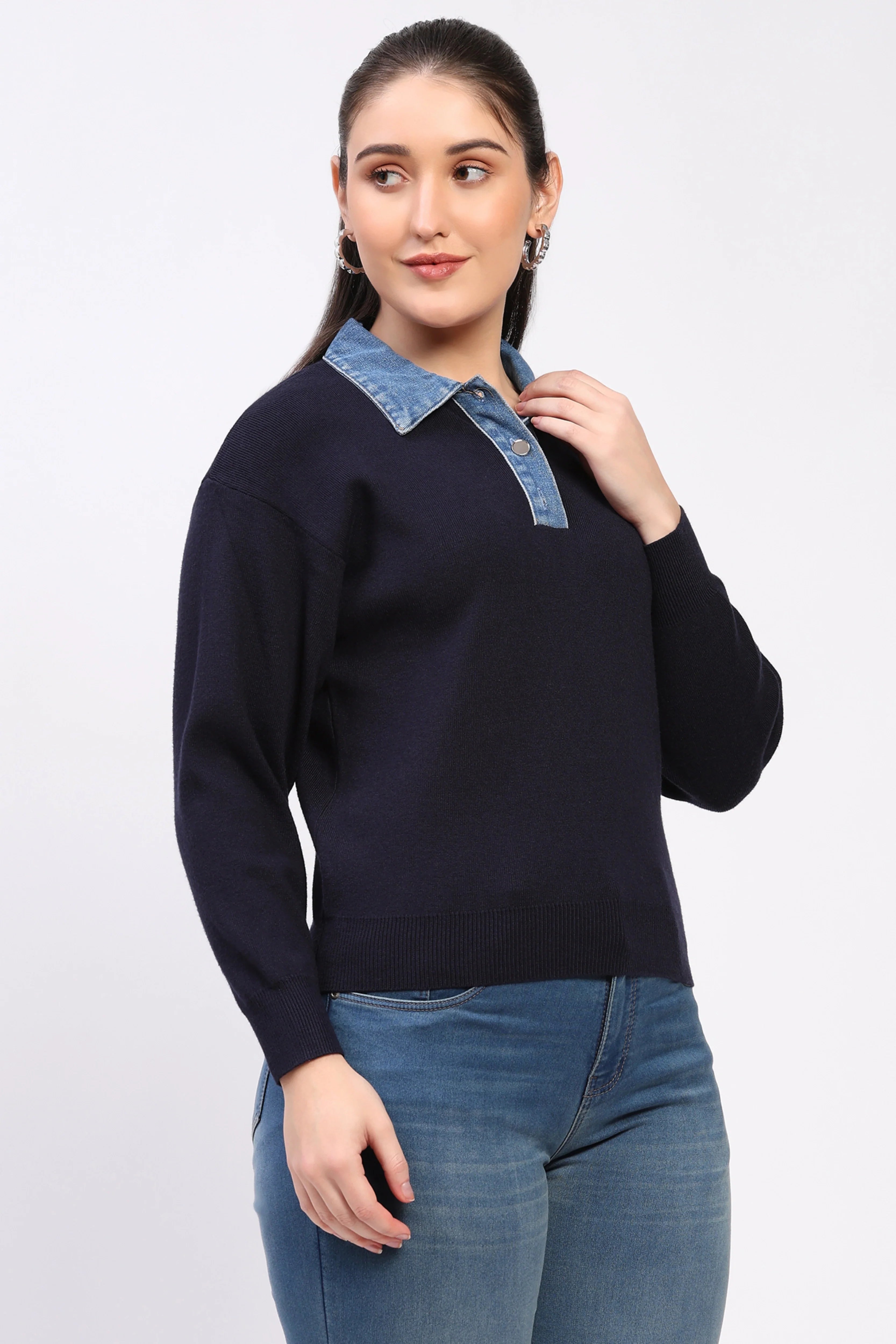 Navy Denim Collar Sweater-Global Republic