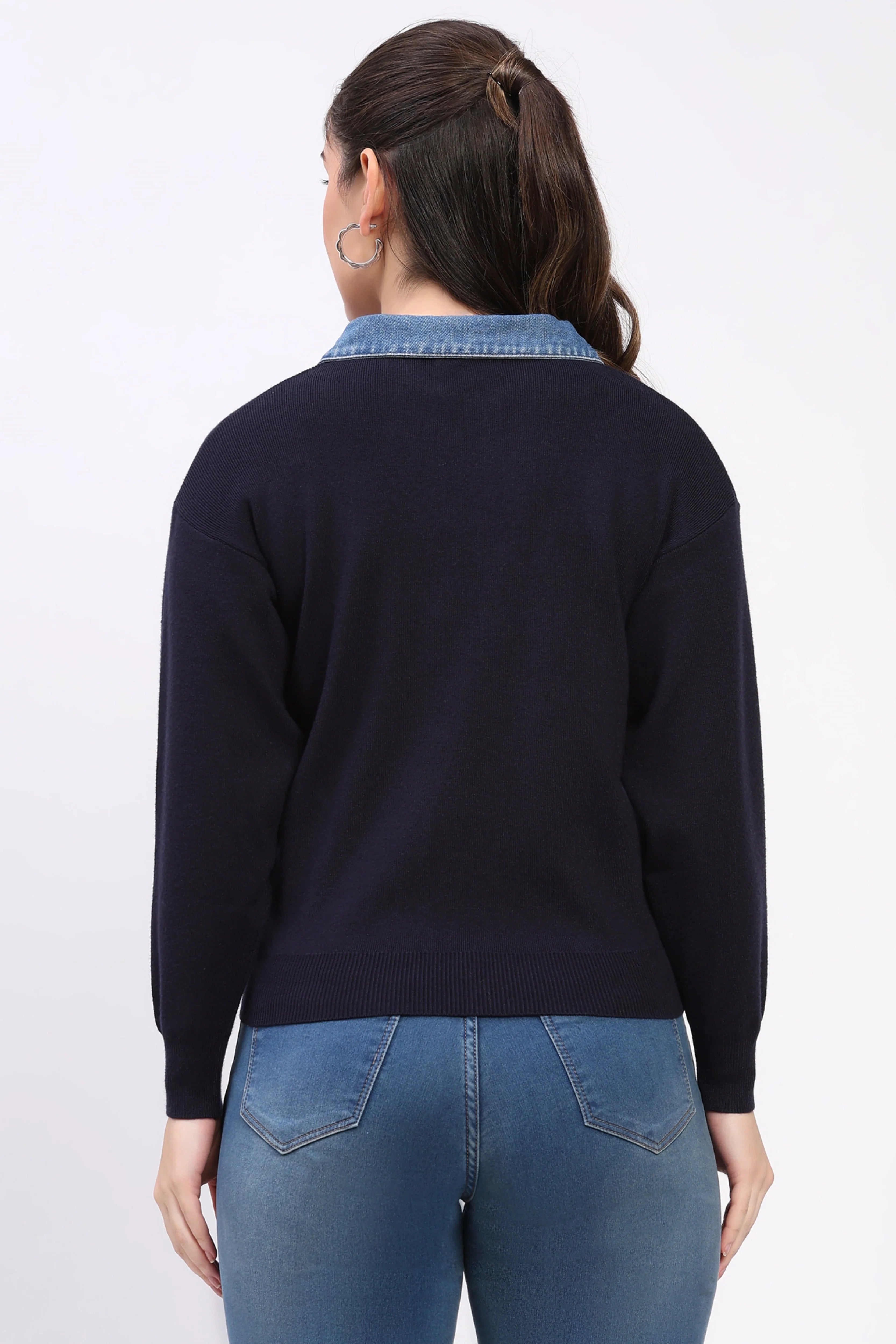 Navy Denim Collar Sweater-Global Republic