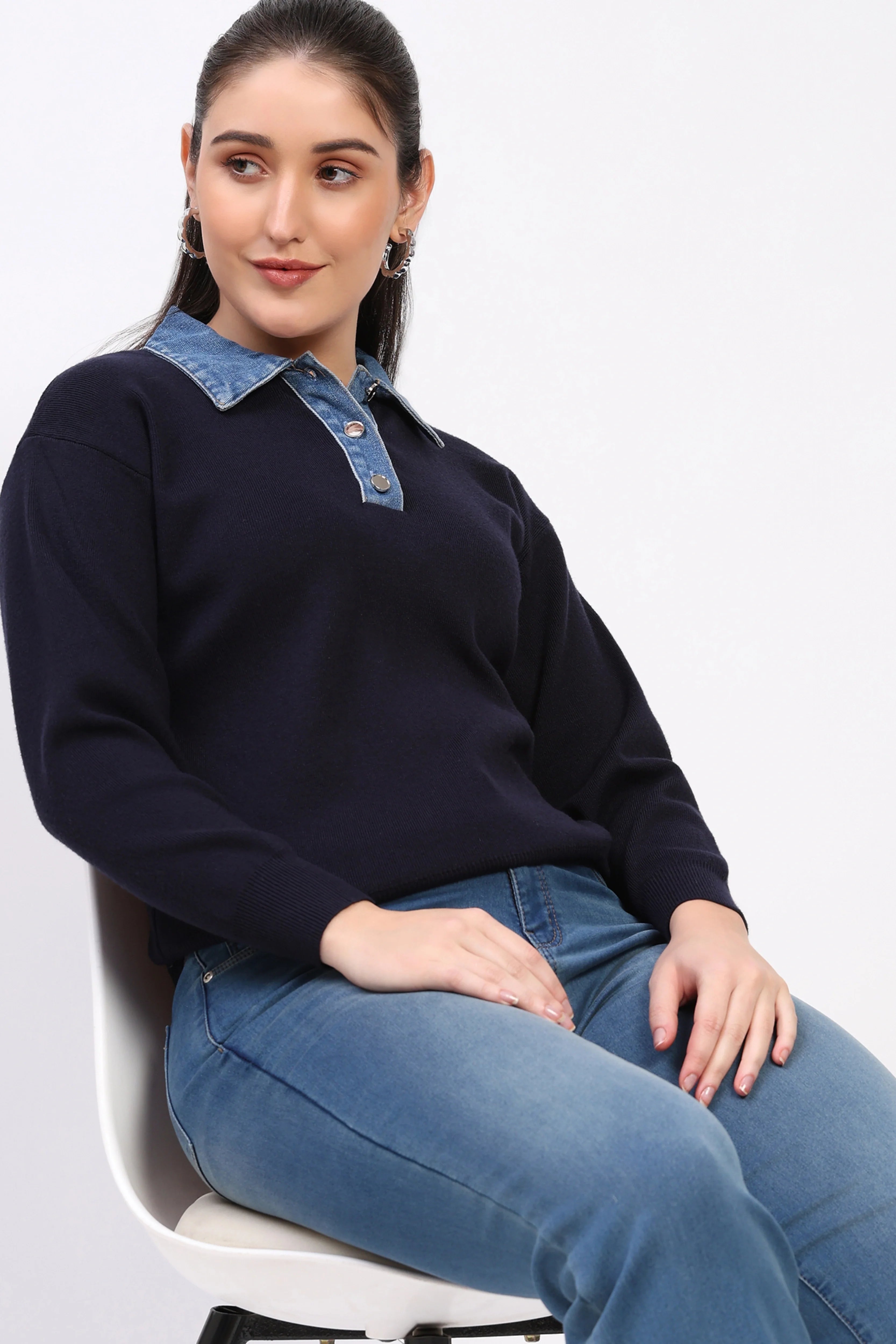 Navy Denim Collar Sweater-Global Republic