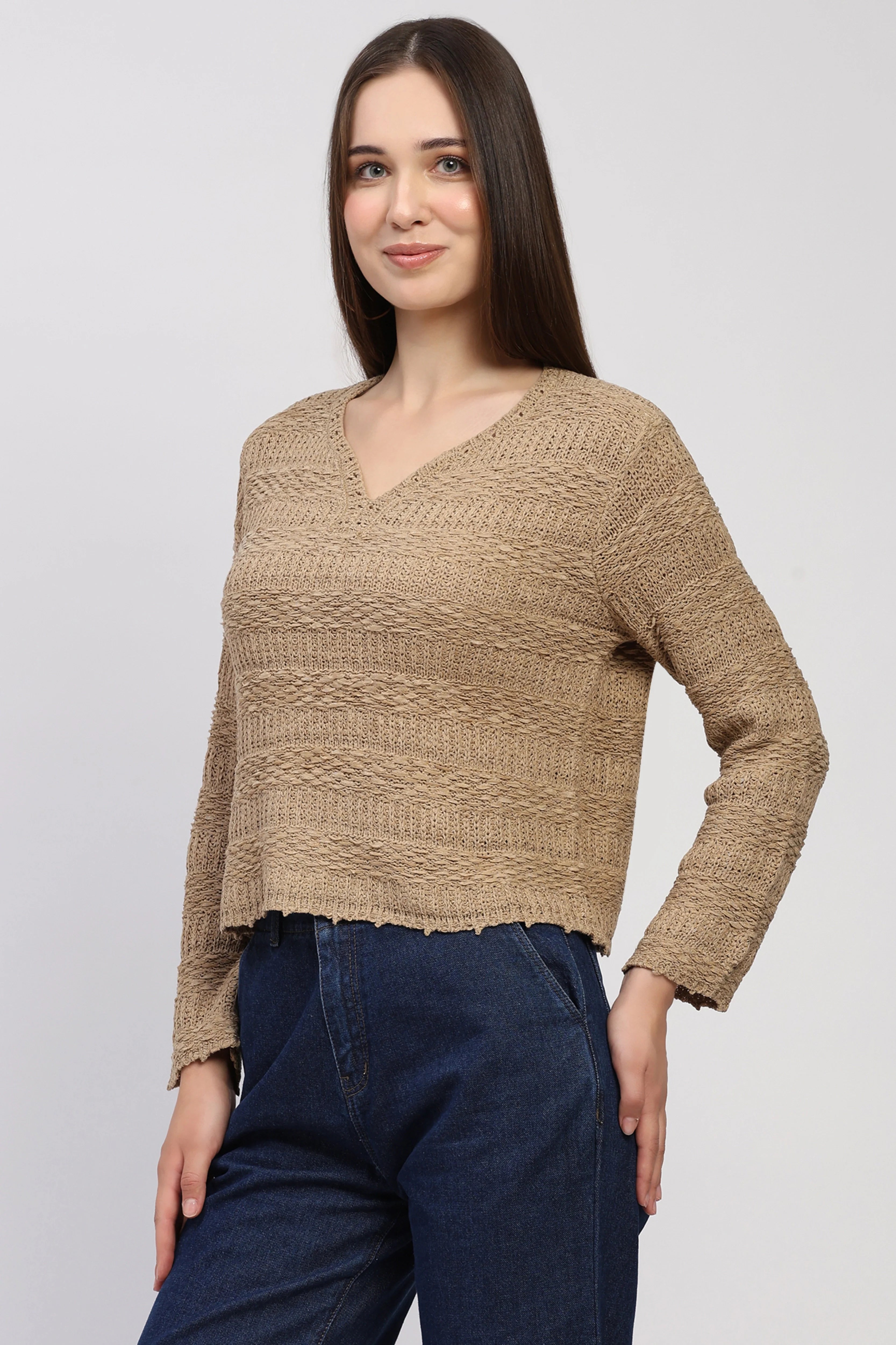 Beige Self-Design Knit Top