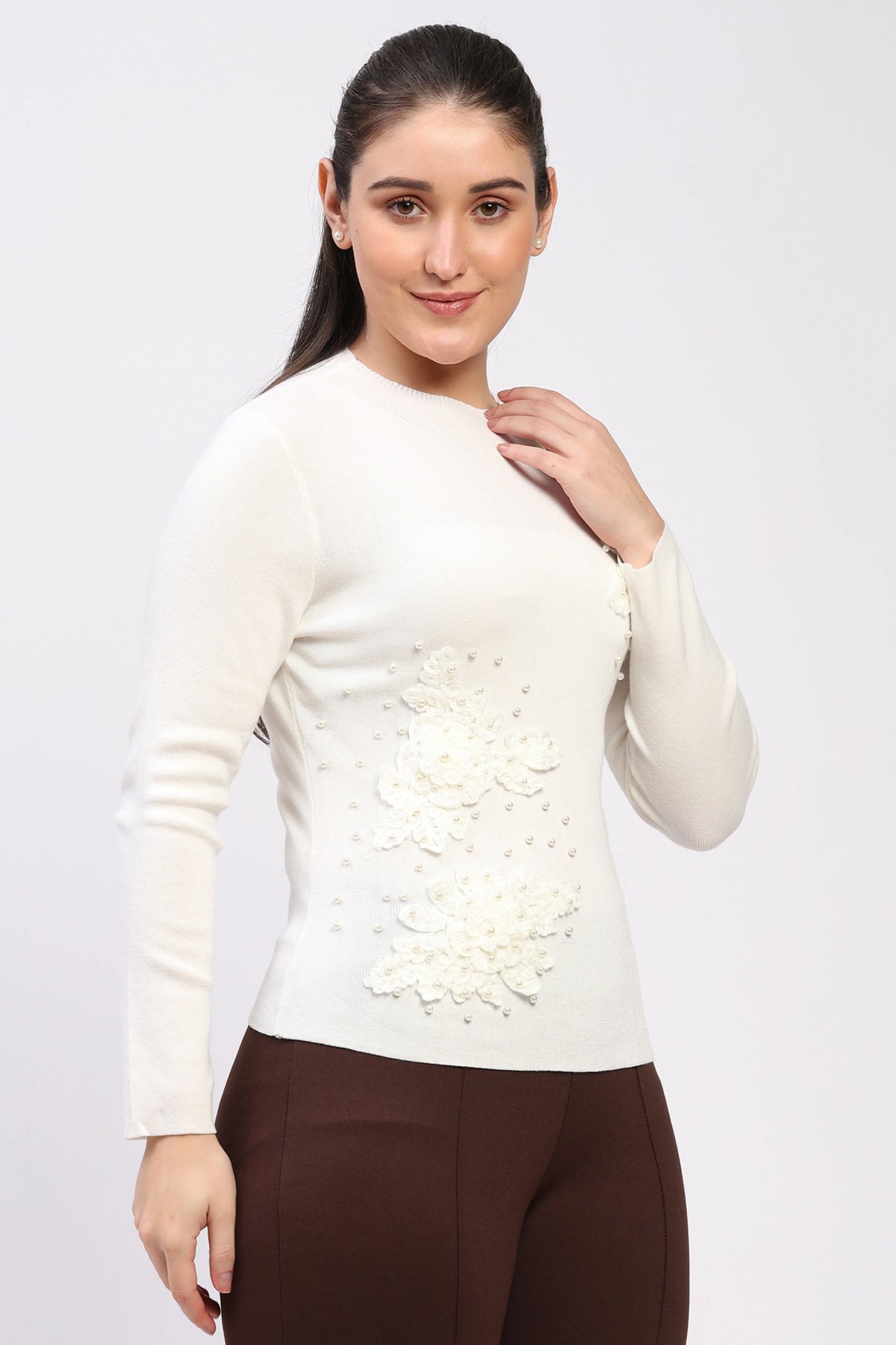 Off-White Floral Embellished Pullover-Global Republic