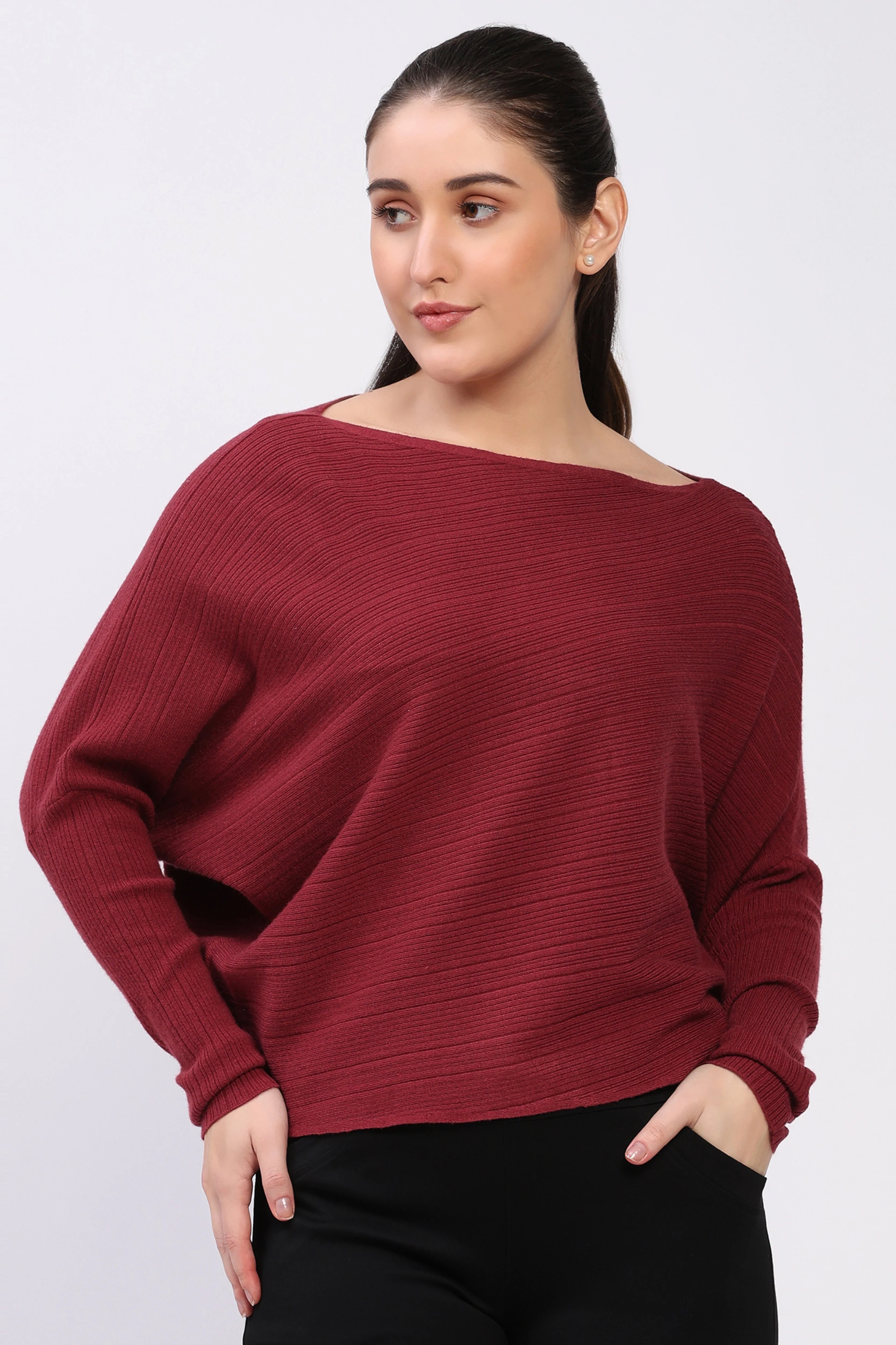 Maroon Ribbed Batwing Pullover-Global Republic