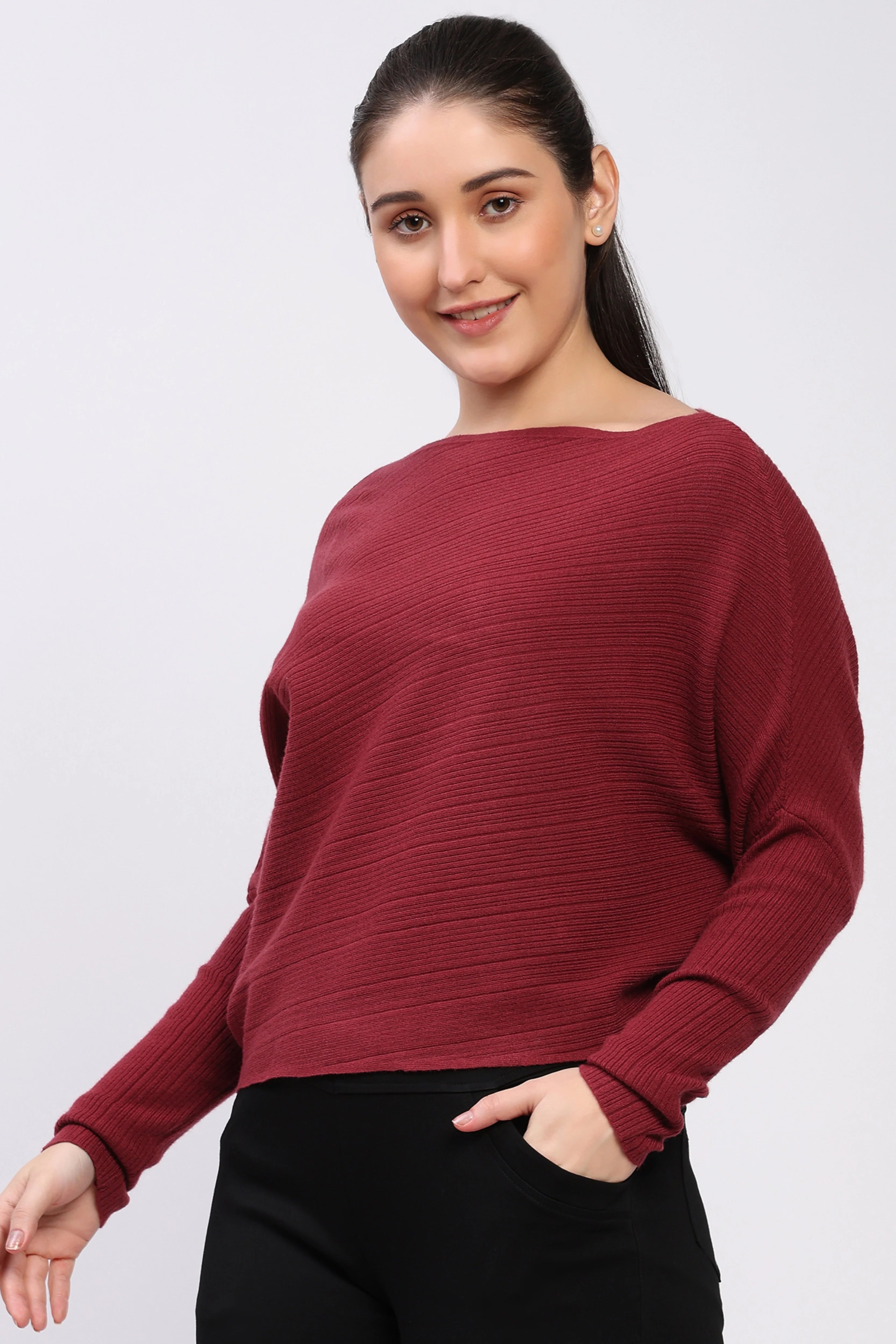 Maroon Ribbed Batwing Pullover-Global Republic