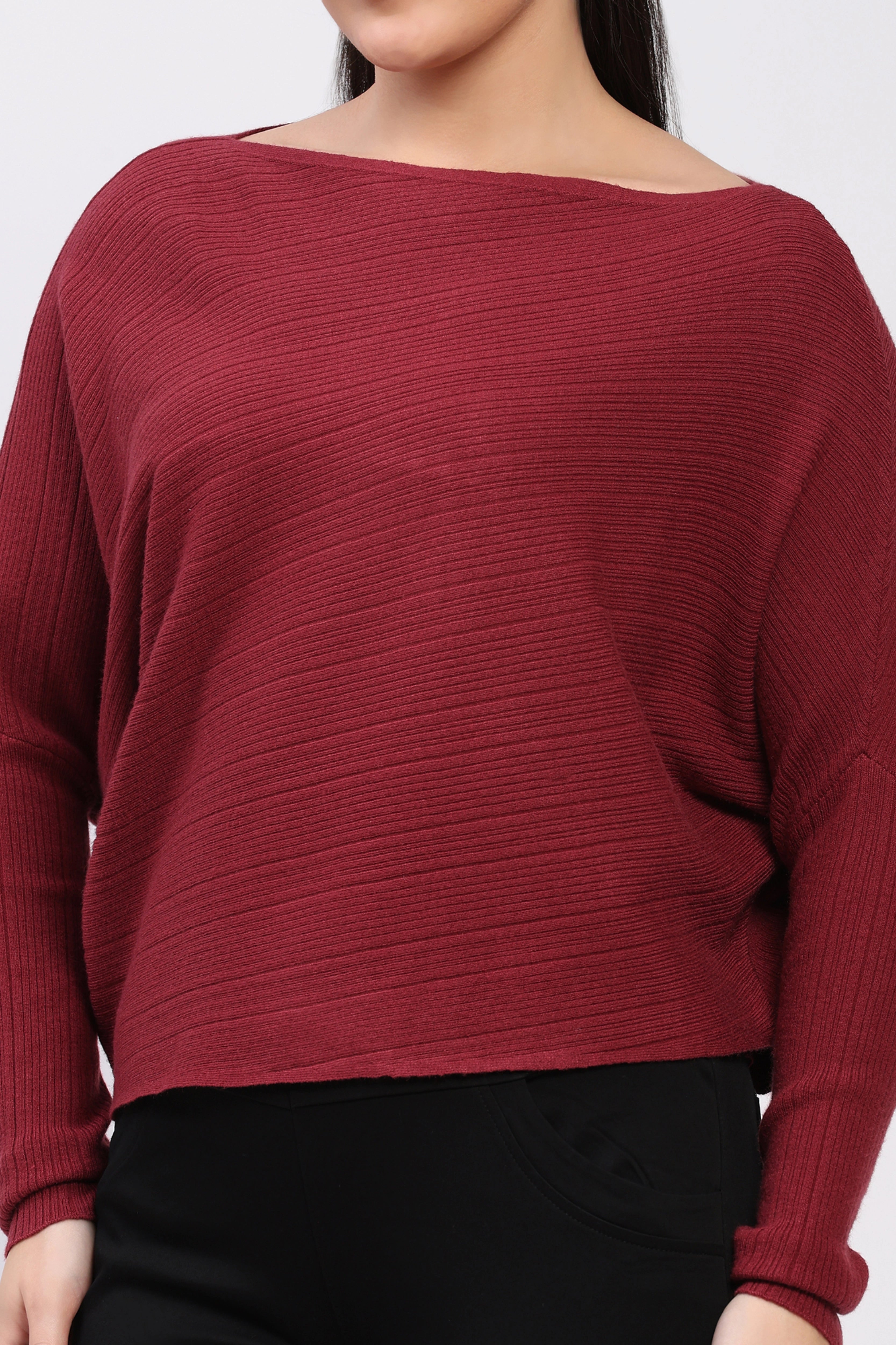 Maroon Ribbed Batwing Pullover