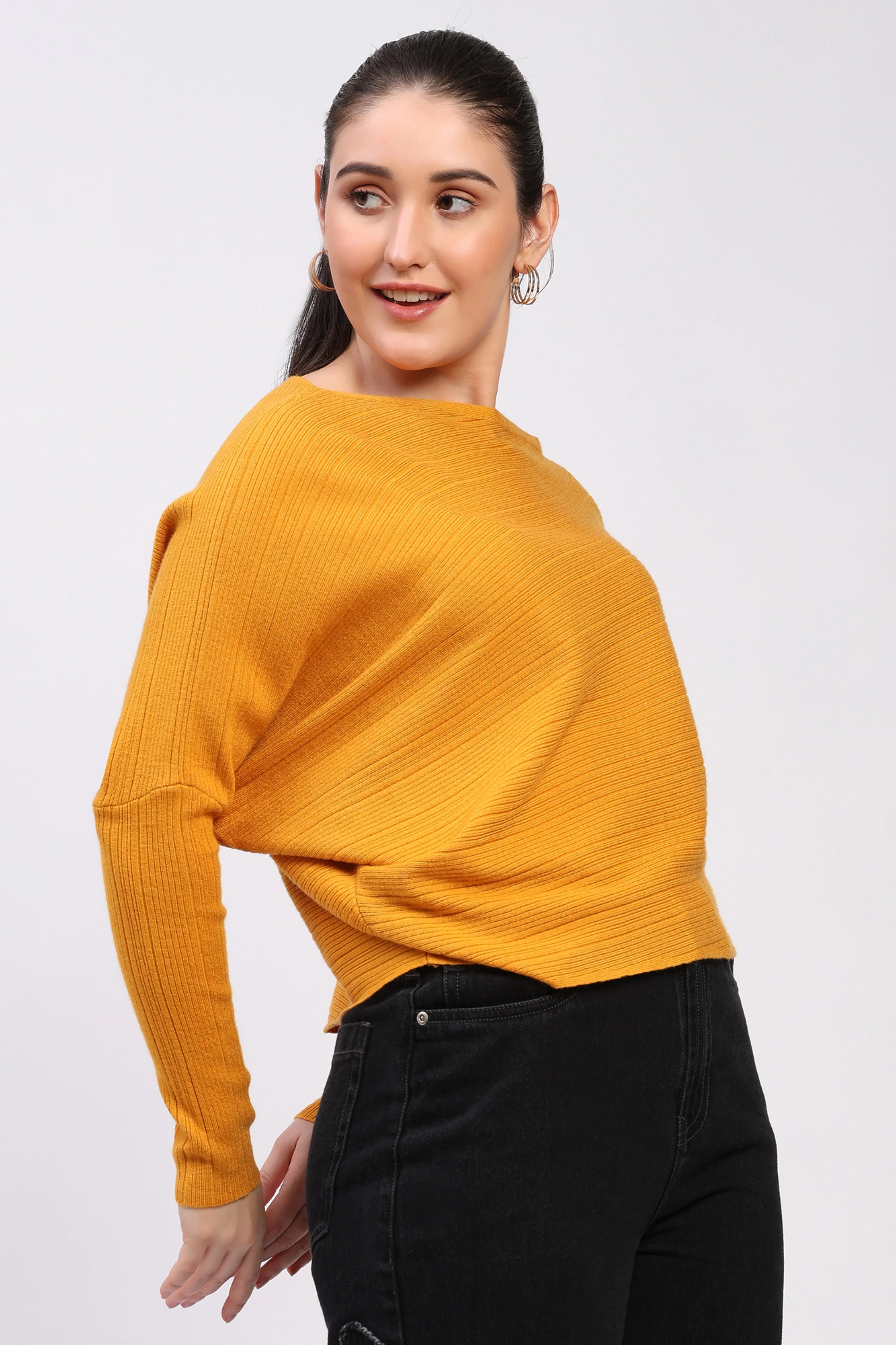 Mustard Ribbed Batwing Pullover-Global Republic