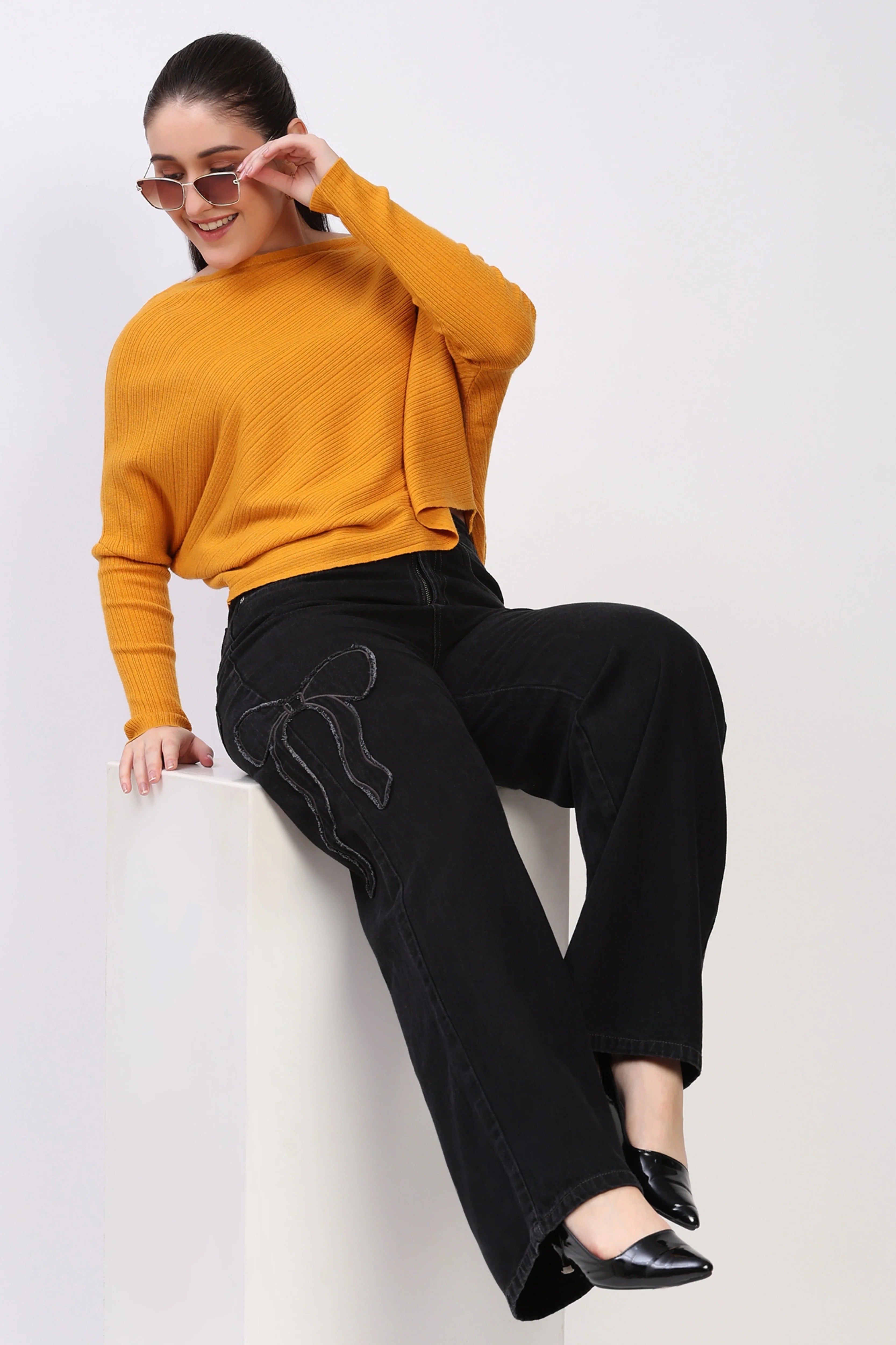 Mustard Ribbed Batwing Pullover-Global Republic